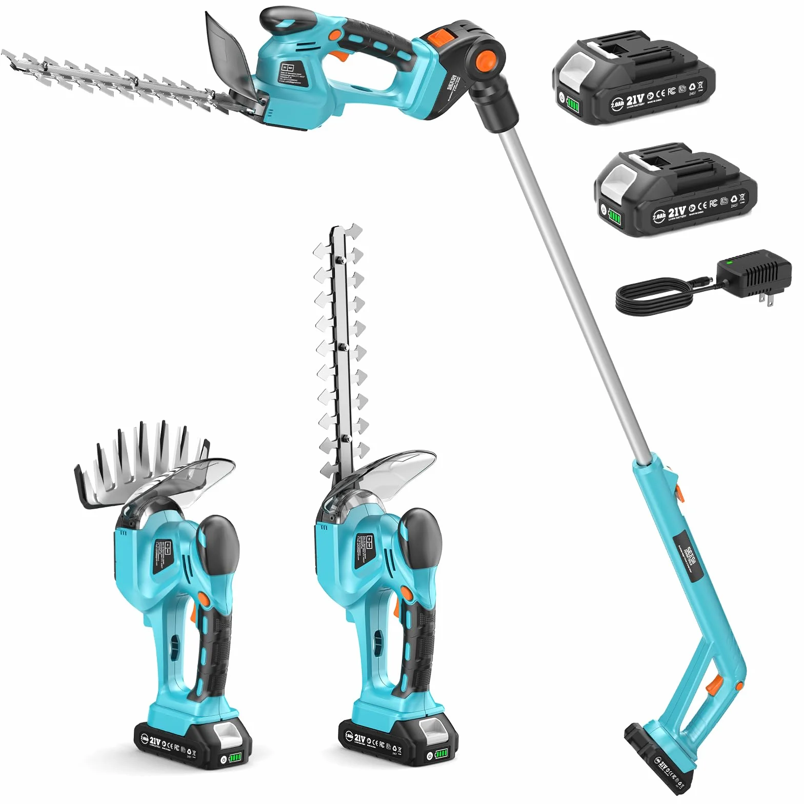SEESII Telescópico Cortasetos Bateria: Tijeras de Césped Inalámbricas 4 en 1 y Cortasetos Eléctrico de 20cm para Jardín – 2*Batería de 2,0Ah, para setos ramitas Finas y céspedes
