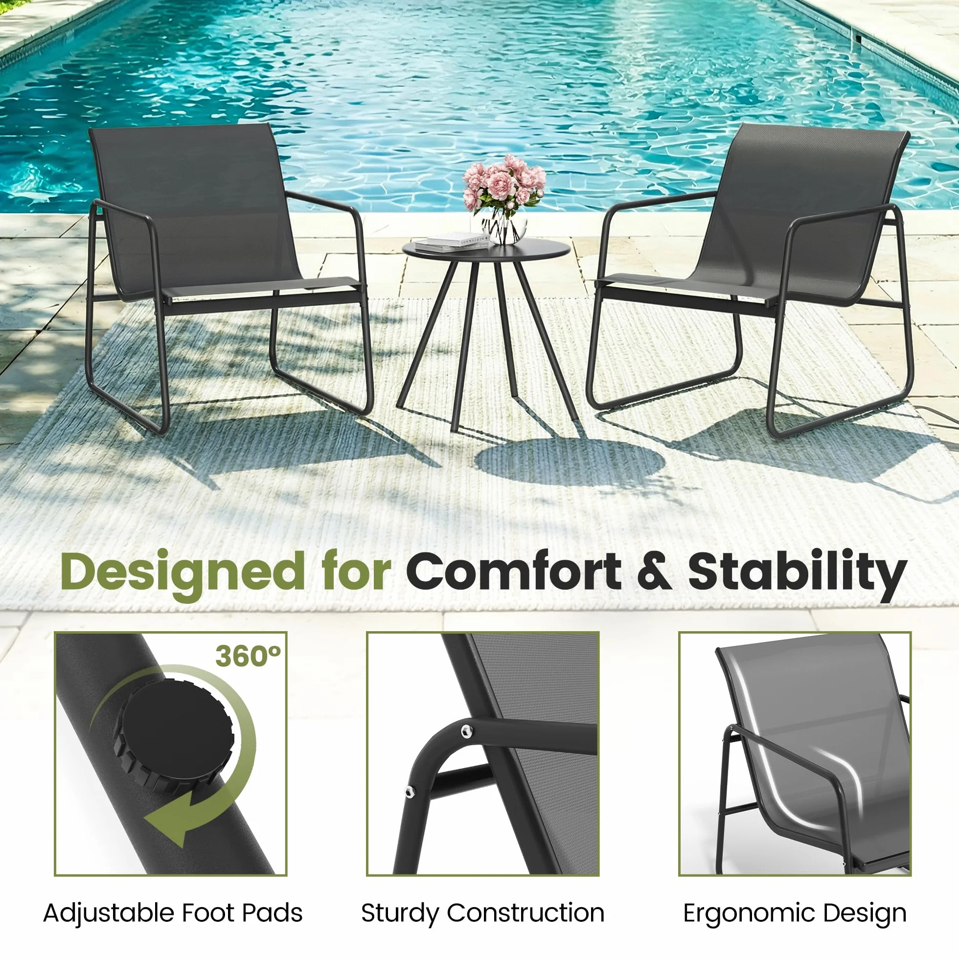 Pamapic Conjunto de Jardín de 3 Piezas, Muebles de Jardín con Mesa y 2 Sillas, Tejido Textilene Transpirable, Gris