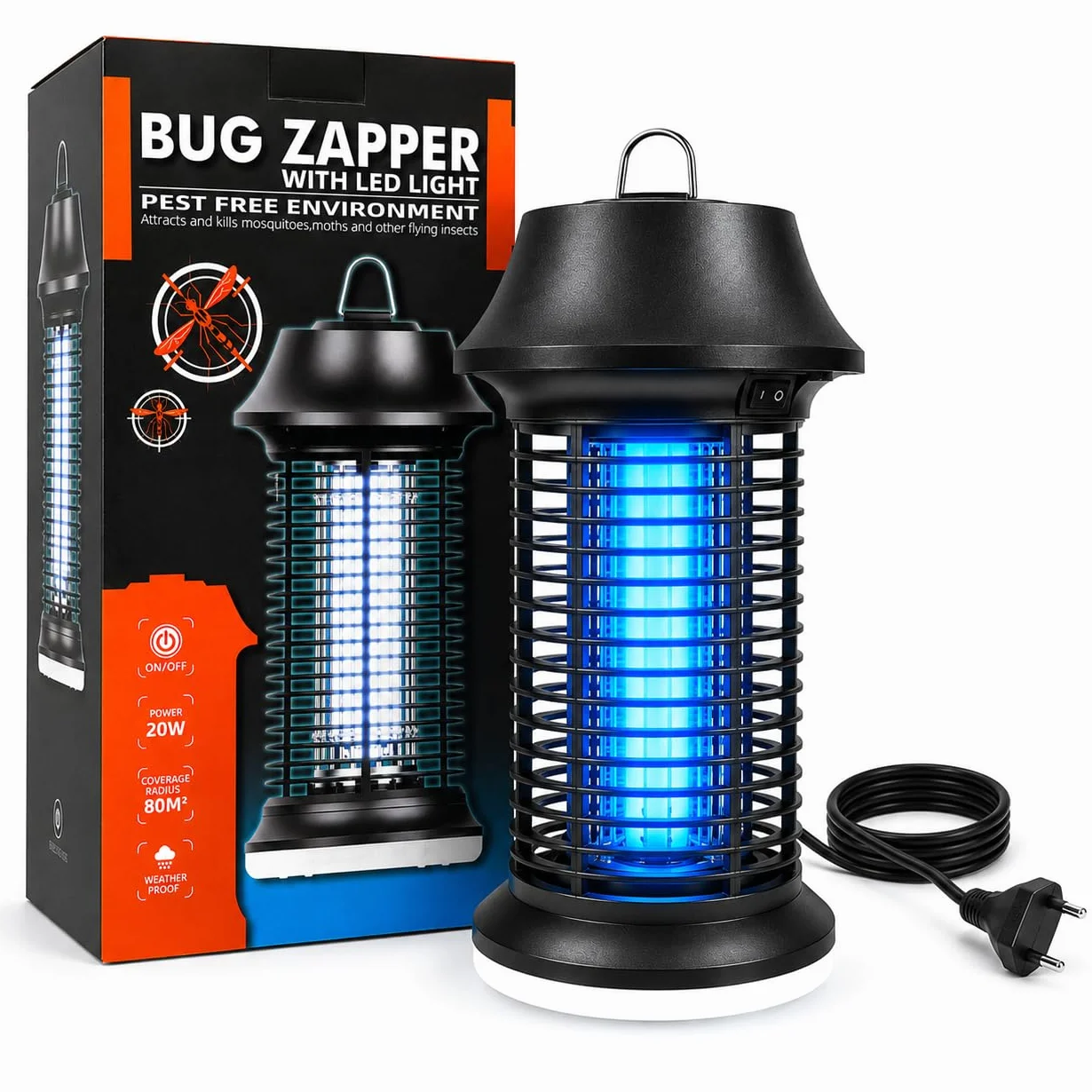 Insecticida eléctrico 2500 V, 15 W, UV, con luz LED, lámpara antimosquitos IPX4, resistente al agua, trampa contra mosquitos, moscas e insectos, para interior y exterior