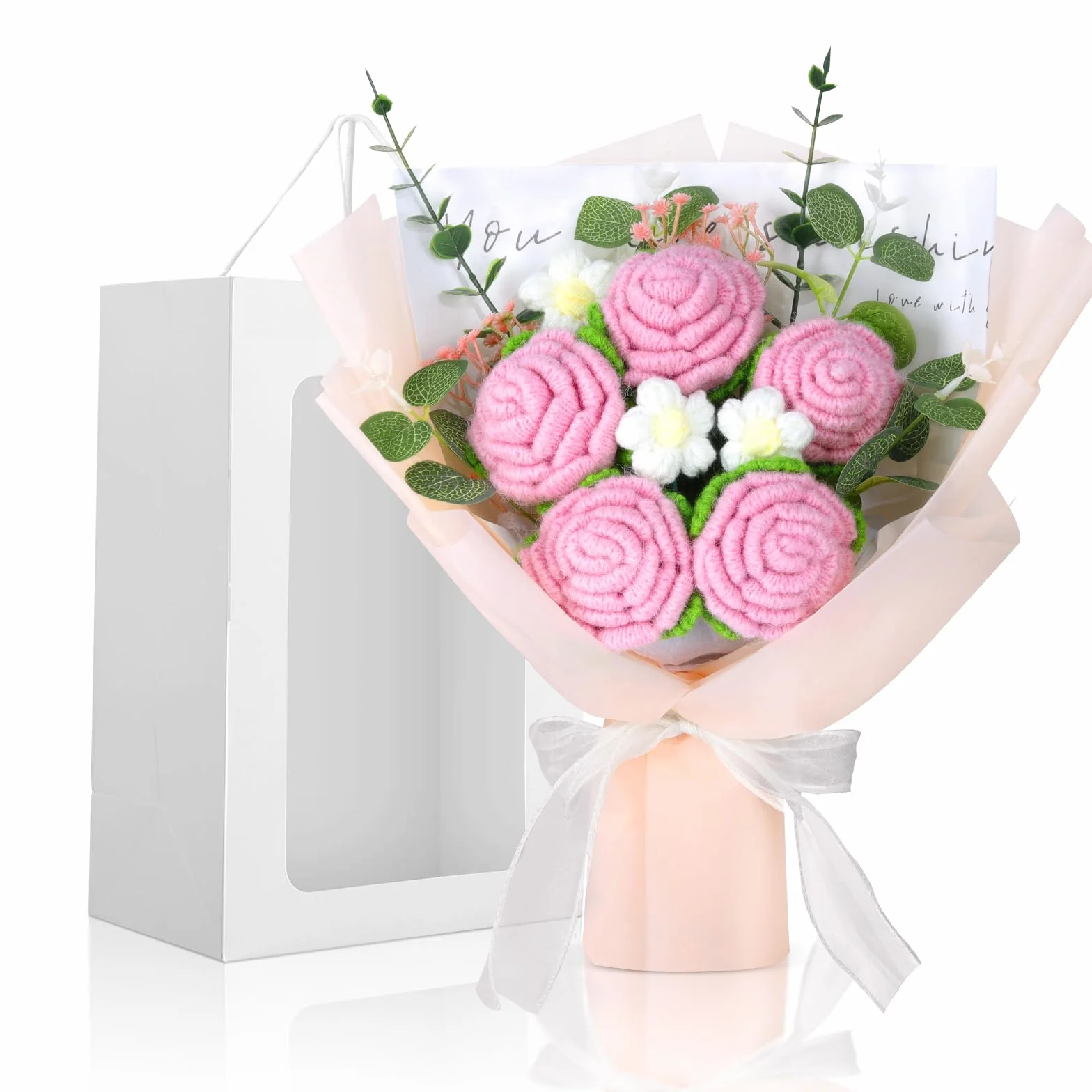 Ramo de Flores de Ganchillo Hecho a Mano con Bolsa de Regalo para Mujer, Bodas, Día de la Madre (Rosa blanco)