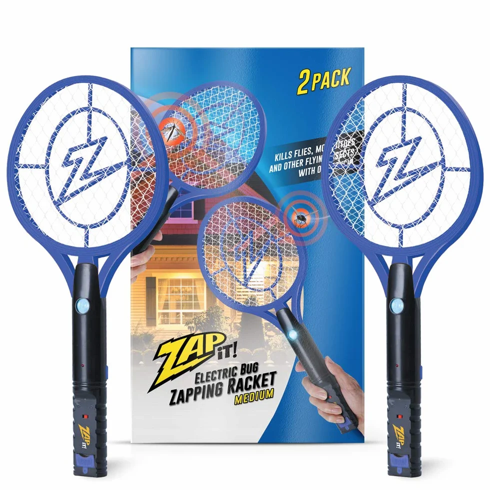 ZAP IT! Raqueta matamoscas eléctrica recargable, exterminador de mosquitos de 4.000 voltios con cable de carga USB y luz LED, mediano, malla segura de 3 capas, azul, paquete de 2, exterminador de | Matamoscas eléctrico de insectos, raqueta de control de m