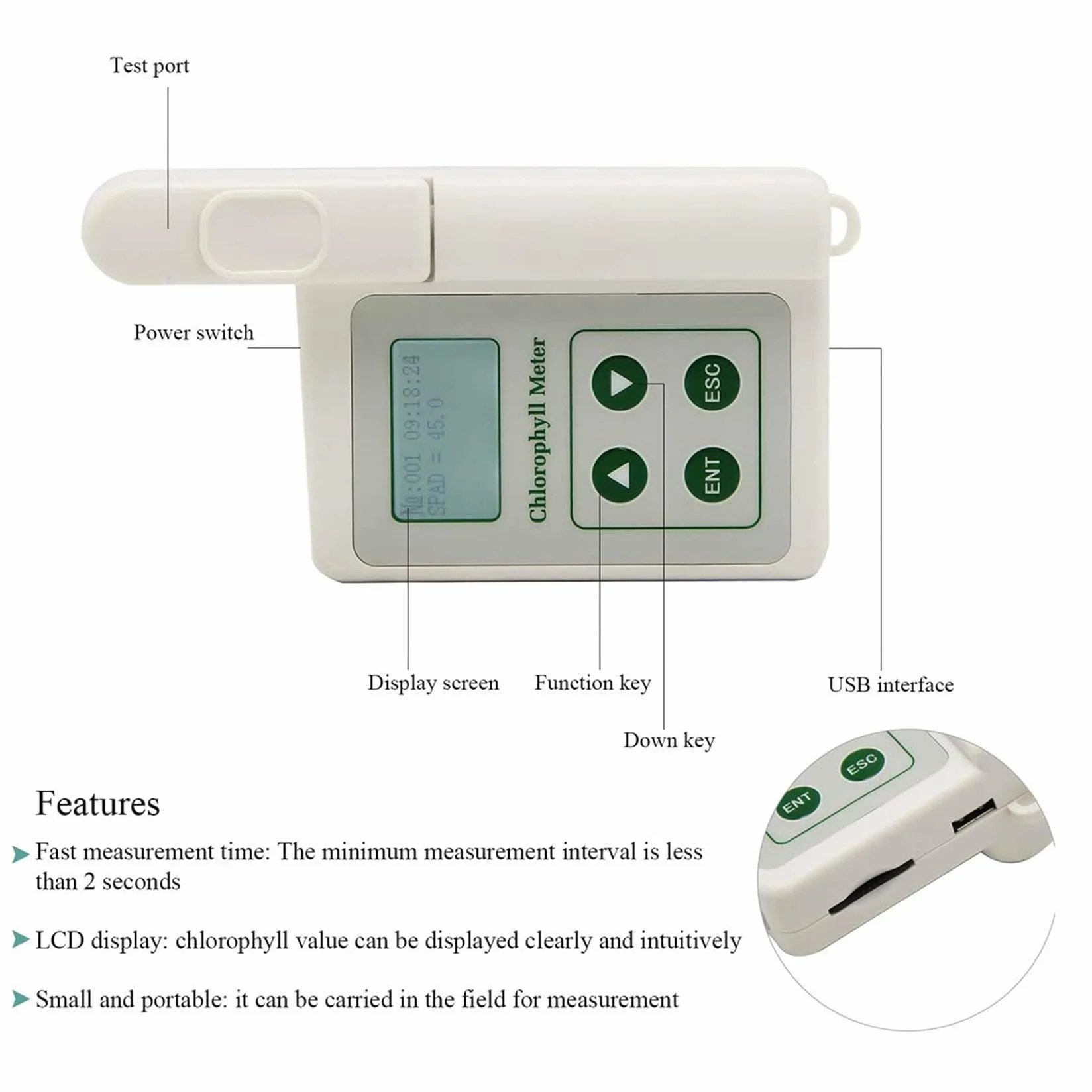 Medidor de Clorofila SPAD Portátil 0.0-99.9 Detector de Mano Analizador de Plantas