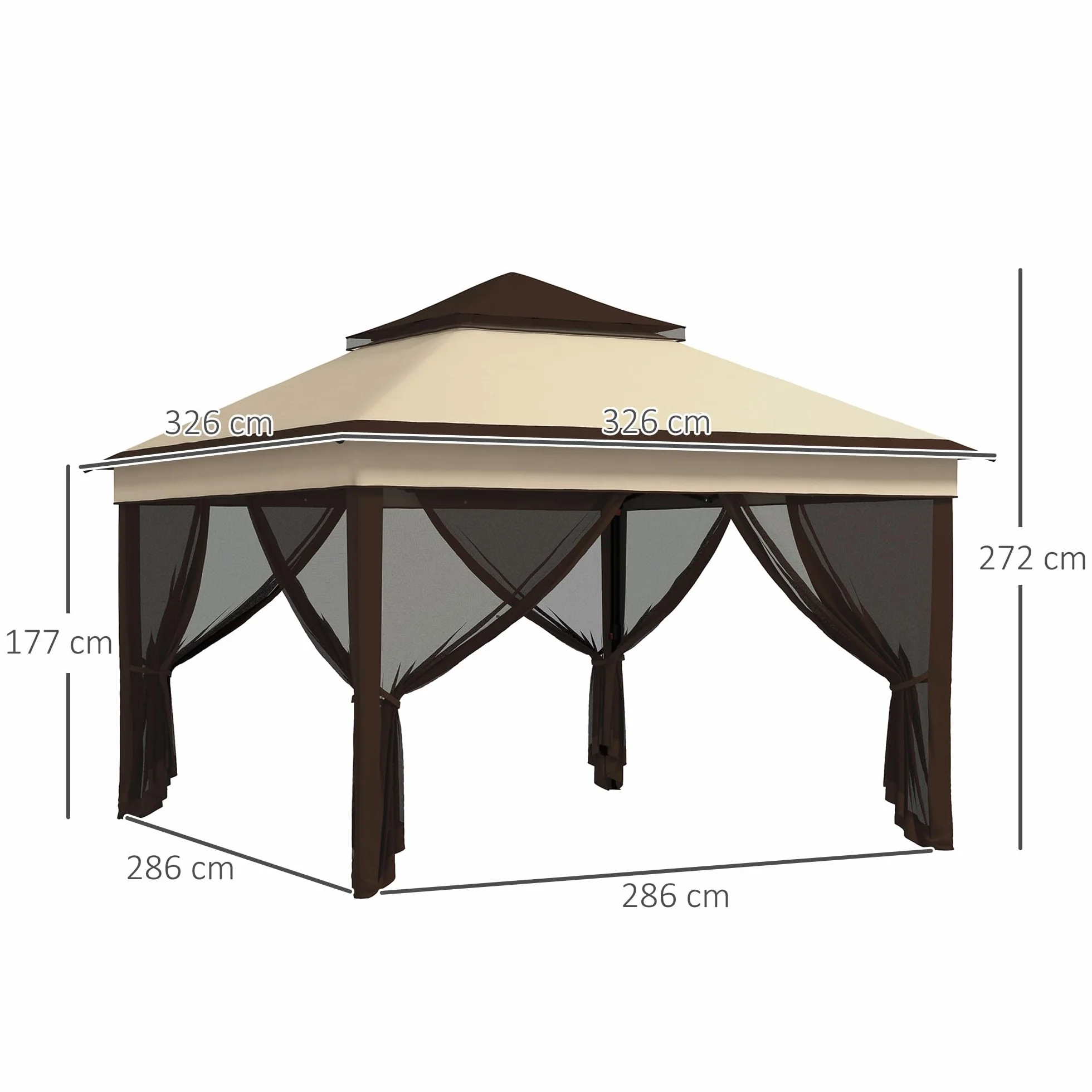 Outsunny Carpa Plegable 3x3x2,7 m Cenador de Jardín con Doble Techo Altura Ajustable 4 Mosquiteras Protección UV30+ Impermeable y Bolsa Gazebo para Exterior Fiestas Camping Beige y Café