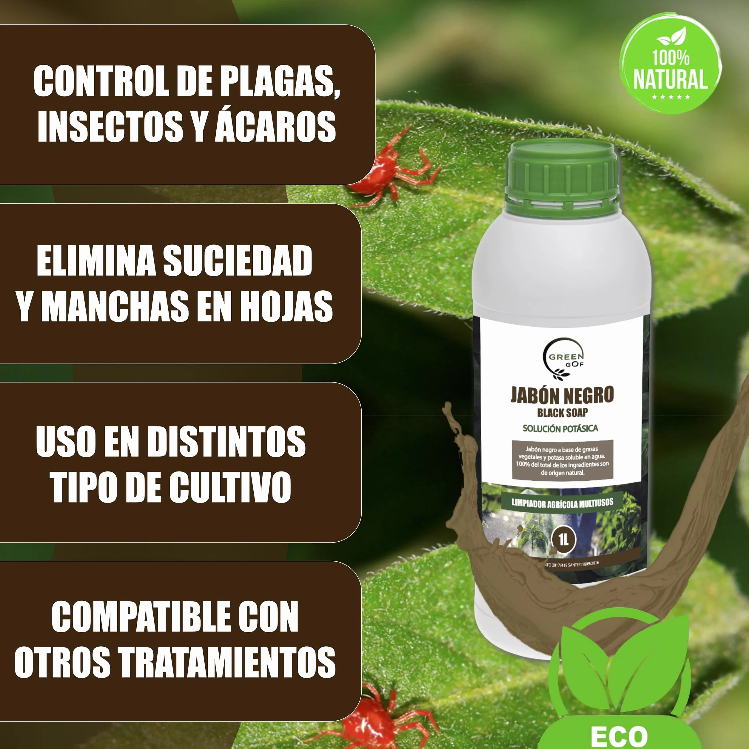 GREENGOF Jabón Potásico Premium 1L Concentrado Hongos Plagas Pulgón Mosca Blanca Araña Roja Cochinilla