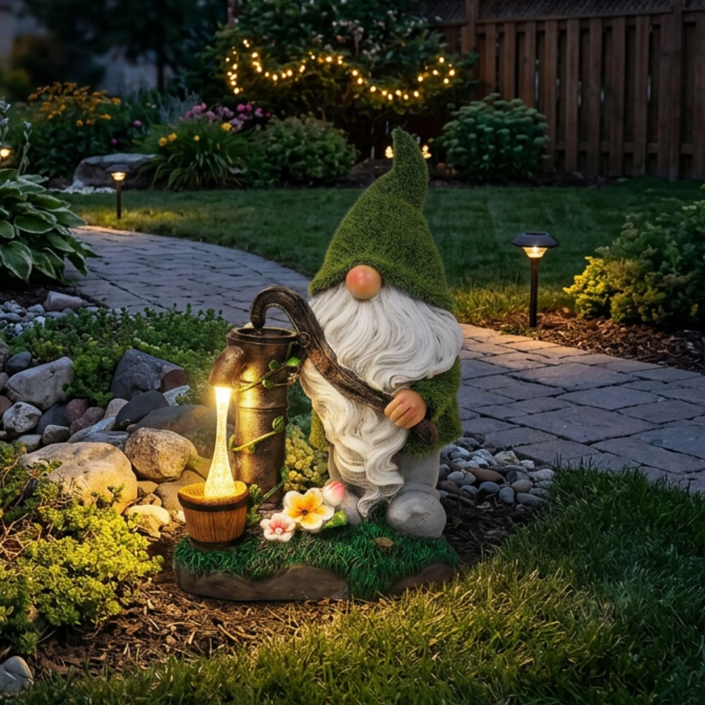 TERESA'S COLLECTIONS Adornos Jardin Exterior, Gnomo de Resina con Luces LED Solares, Impermeable, Decoración de Interior y Exterior, 21 cm