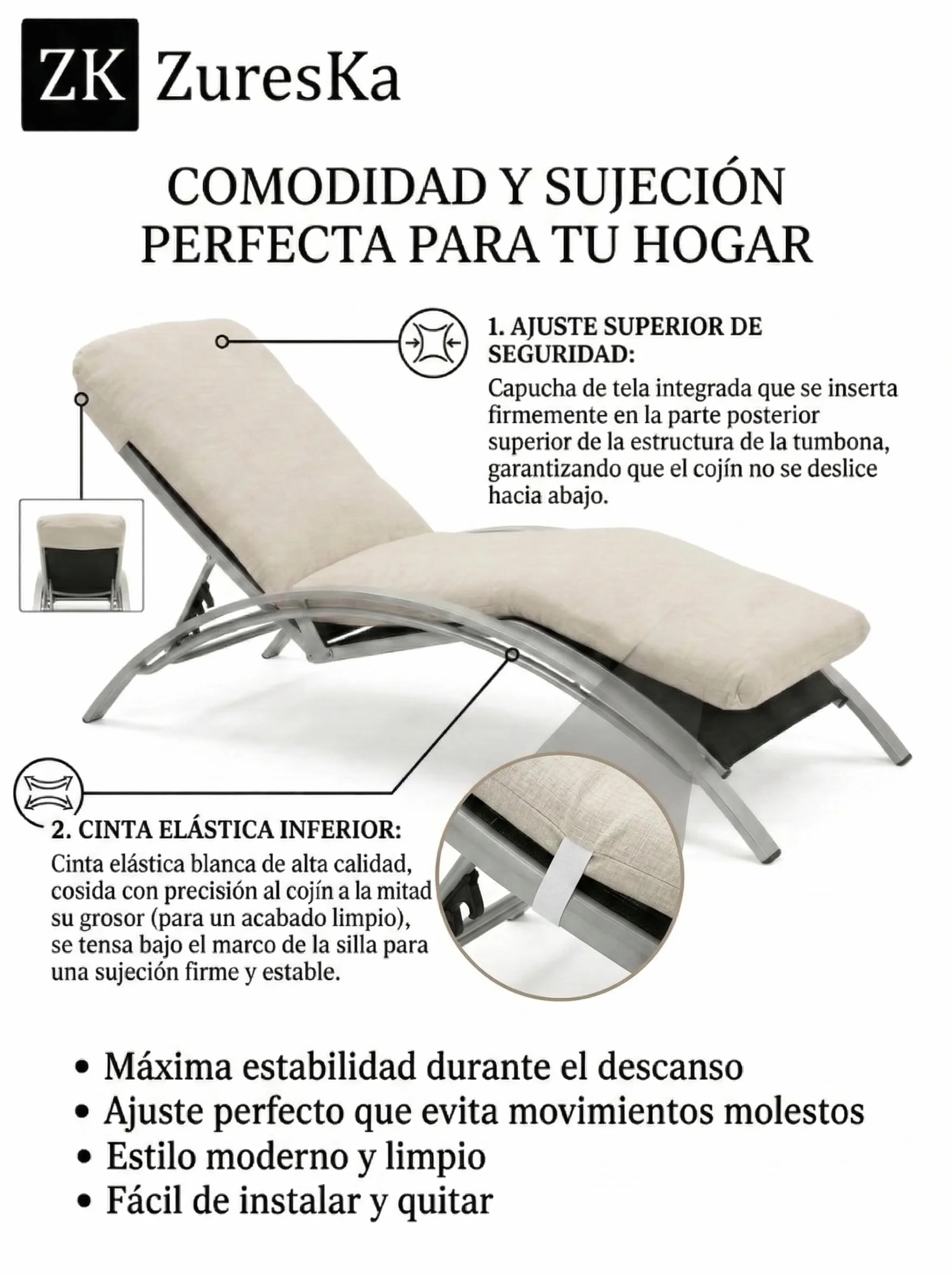 Cojín Tumbona Exterior 180x50x6 Pack 2 Desenfundable Lavable Blanco Crudo