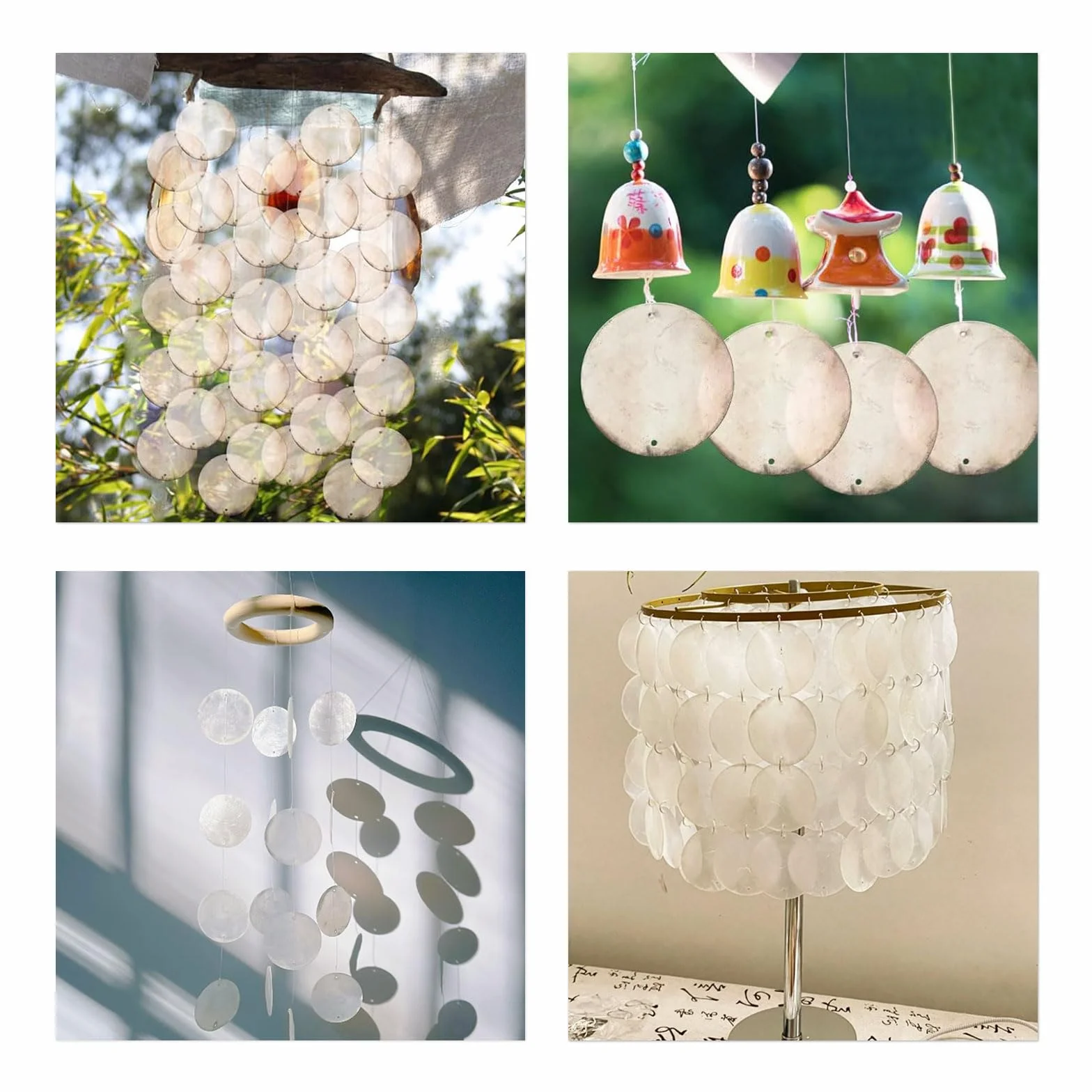 Cuentas de Concha Blanca 100 Piezas Discos Redondos de Nácar Colgante Carillón de Viento Retro con Dos Agujeros para Cortinas Decoración del Hogar