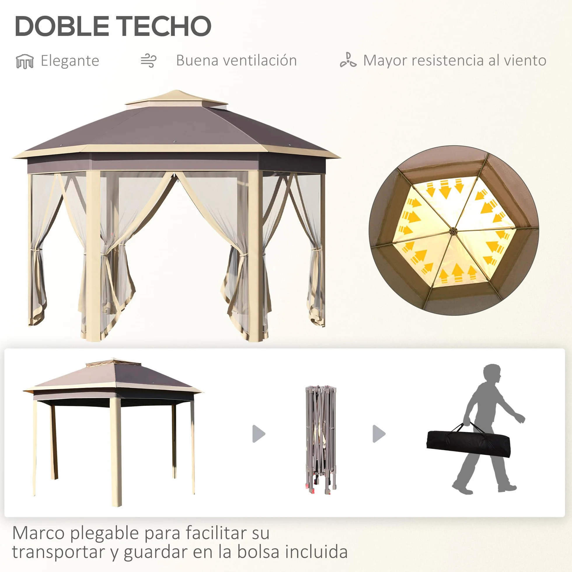 Outsunny Carpa Plegable 4x3,4x2,85 m Cenador de Jardín Hexagonal con Doble Techo 6 Mosquiteras Desmontables Bolsa de Transporte Altura Ajustable en 3 Niveles y Anti-UV Gazebo para Fiesta Patio Beige