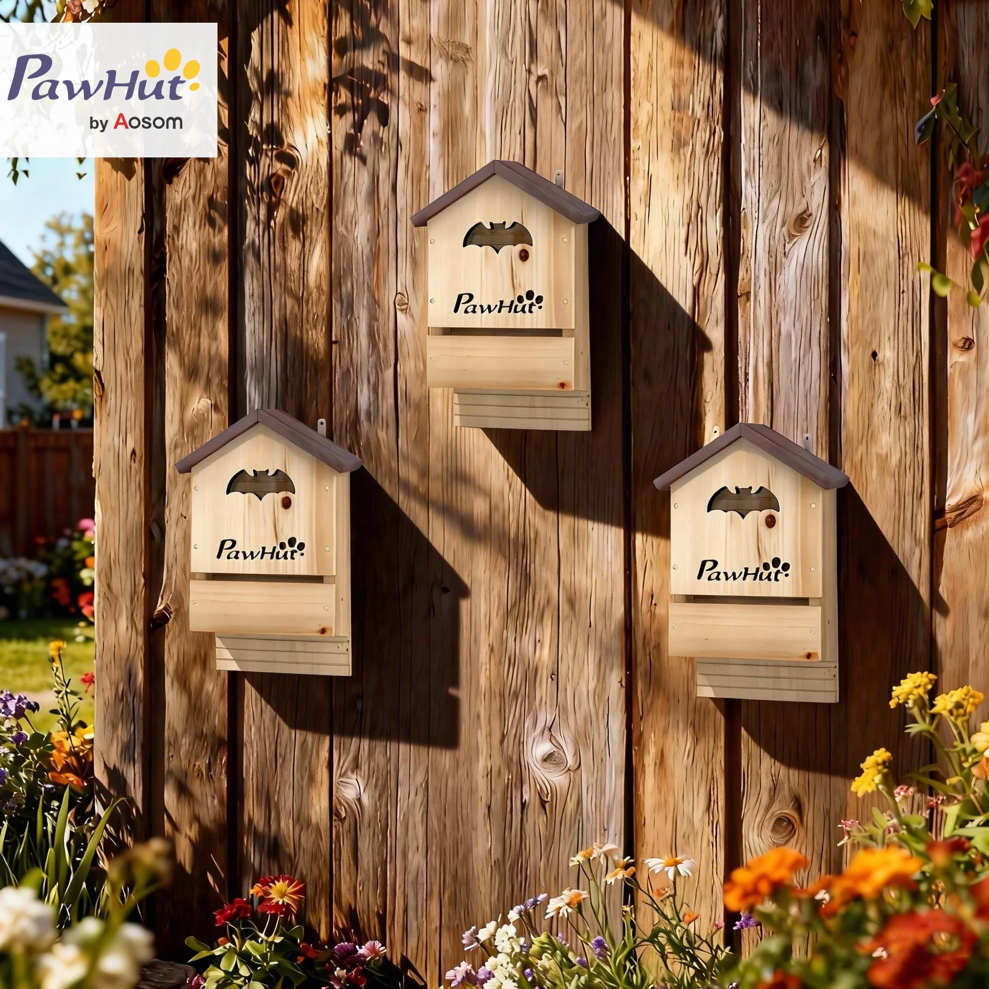PawHut Caja de murciélagos 3 piezas de madera de abeto, casa de murciélagos para colgar en jardines, huertos, granjas 21,5 x 11,5 x 34 cm