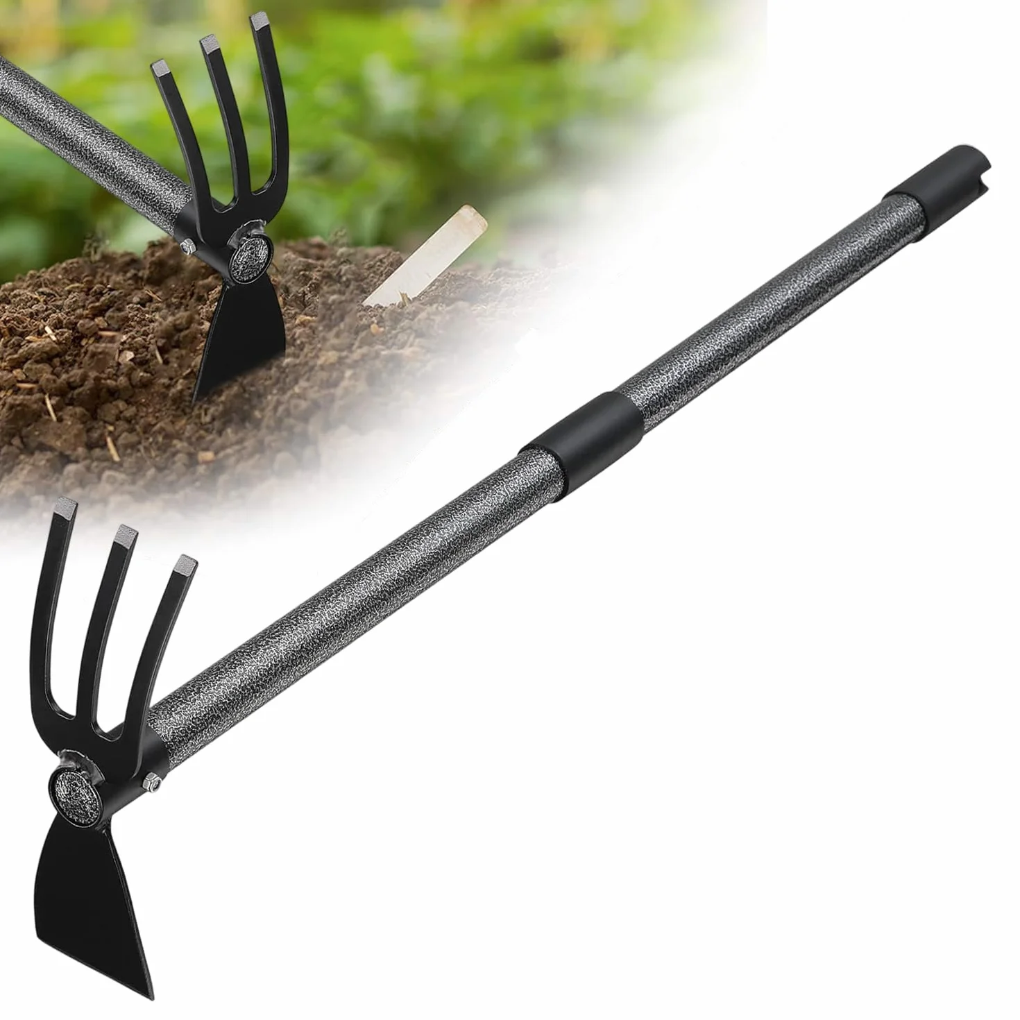 Azada de jardín 2 en 1, 114 cm, cubo tridente con mango largo ajustable para jardinería