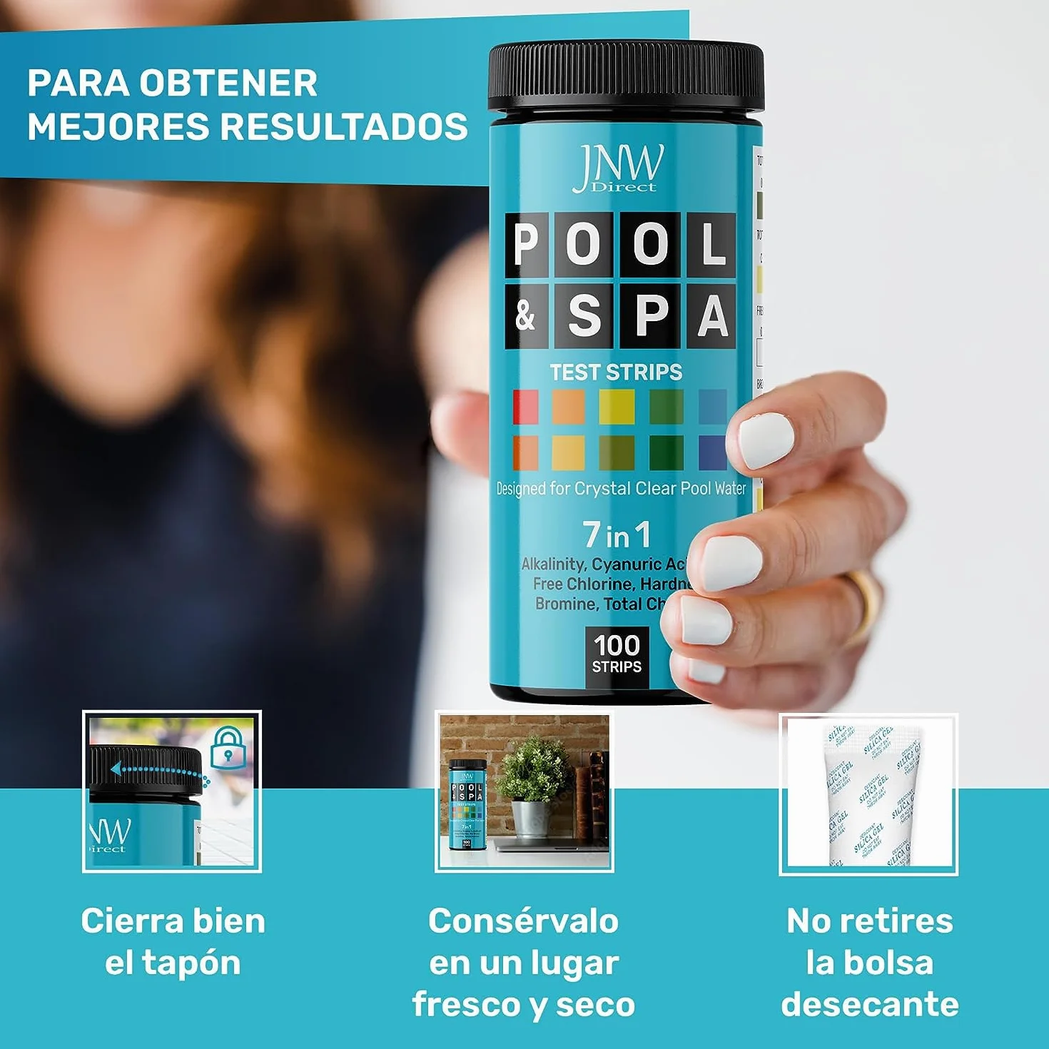 JNW Direct Tiras pH para agua de piscina y spa - Kit analizador de cloro y pH 7 en 1 con eBook
