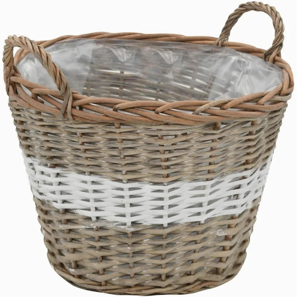 Juego de 4 maceteros de mimbre de mimbre hechos a mano con forro de polietileno, diseño moderno para balcón, jardín y terraza (22 – 40 cm), color marrón y blanco