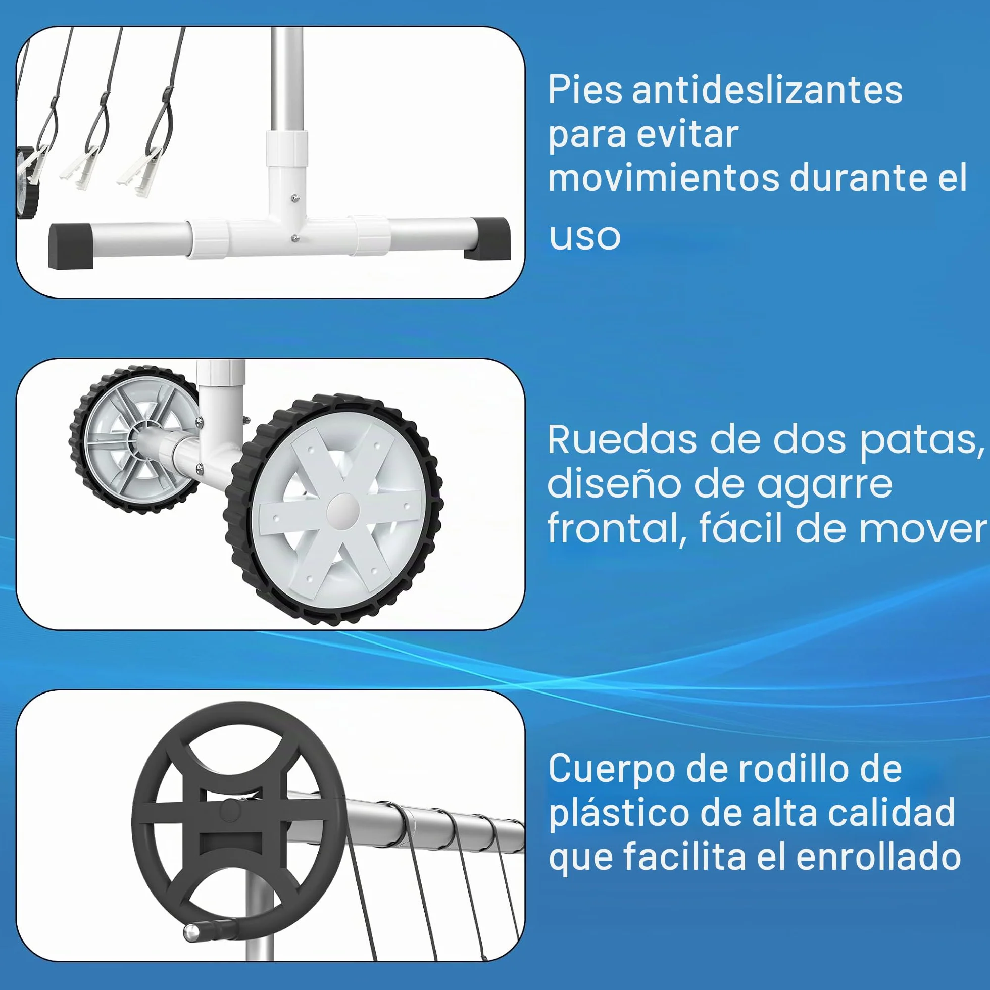 Enrollador para piscina NAIZY Sistema de enrollado 3m-5,7m con cubierta de lámina Móvil, ruedas y clips CR16