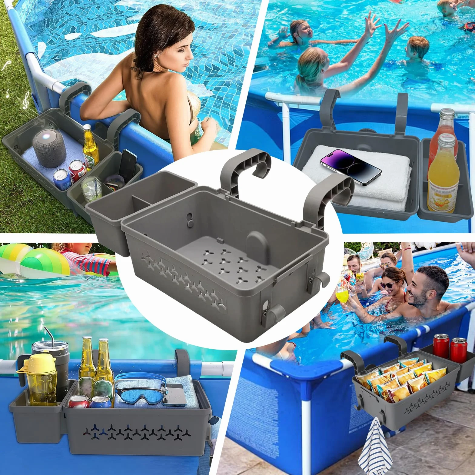 Cesta de Almacenamiento para Piscina Colgante con Portavasos y Ganchos