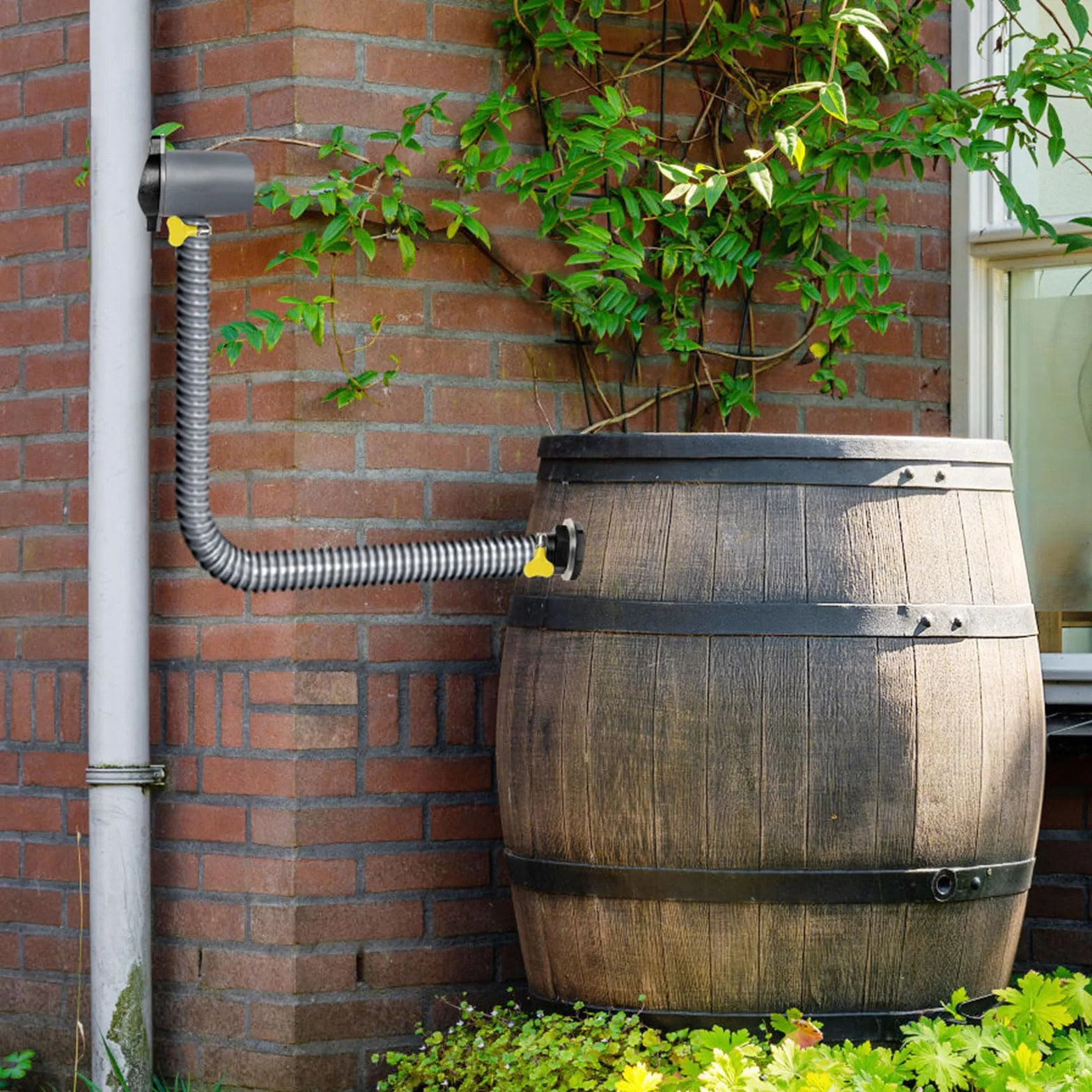 Colector de Agua de Lluvia para bajantes 70-110 mm, con Accesorios de Montaje y Manguera 1 m, para techos hasta 80 m²