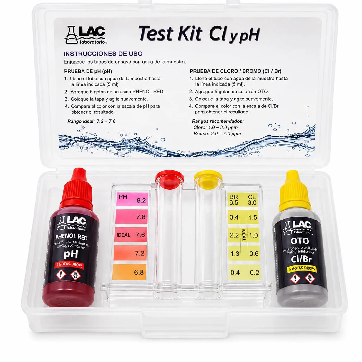 Laboratorios LAC Medidor Cloro y PH Piscinas KIT ANÁLISIS CLORO PH BROMO gotas