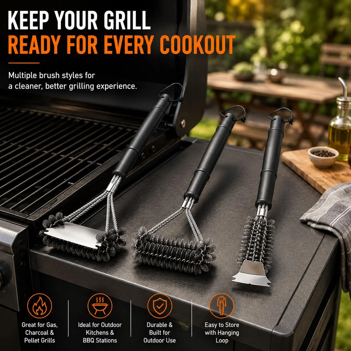 3PCS Cepillo Barbacoa Limpieza para Royal Gourmet Gas Grill and Pizza Oven | 17.3"Cepillo de 3 Cabezales en Espiral con Raspador 16.4"Cepillo con Espirales Superpuestas 17.5"Cepillo 3 Filas con Raspador