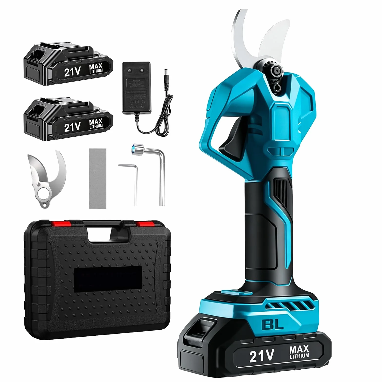 Tijeras de podar eléctricas con batería con motor sin escobillas, cuchillas SK5, batería recargable con indicador de carga, diámetro máximo de corte de 50 mm, para el jardín, 2 baterías de 1500 mAh