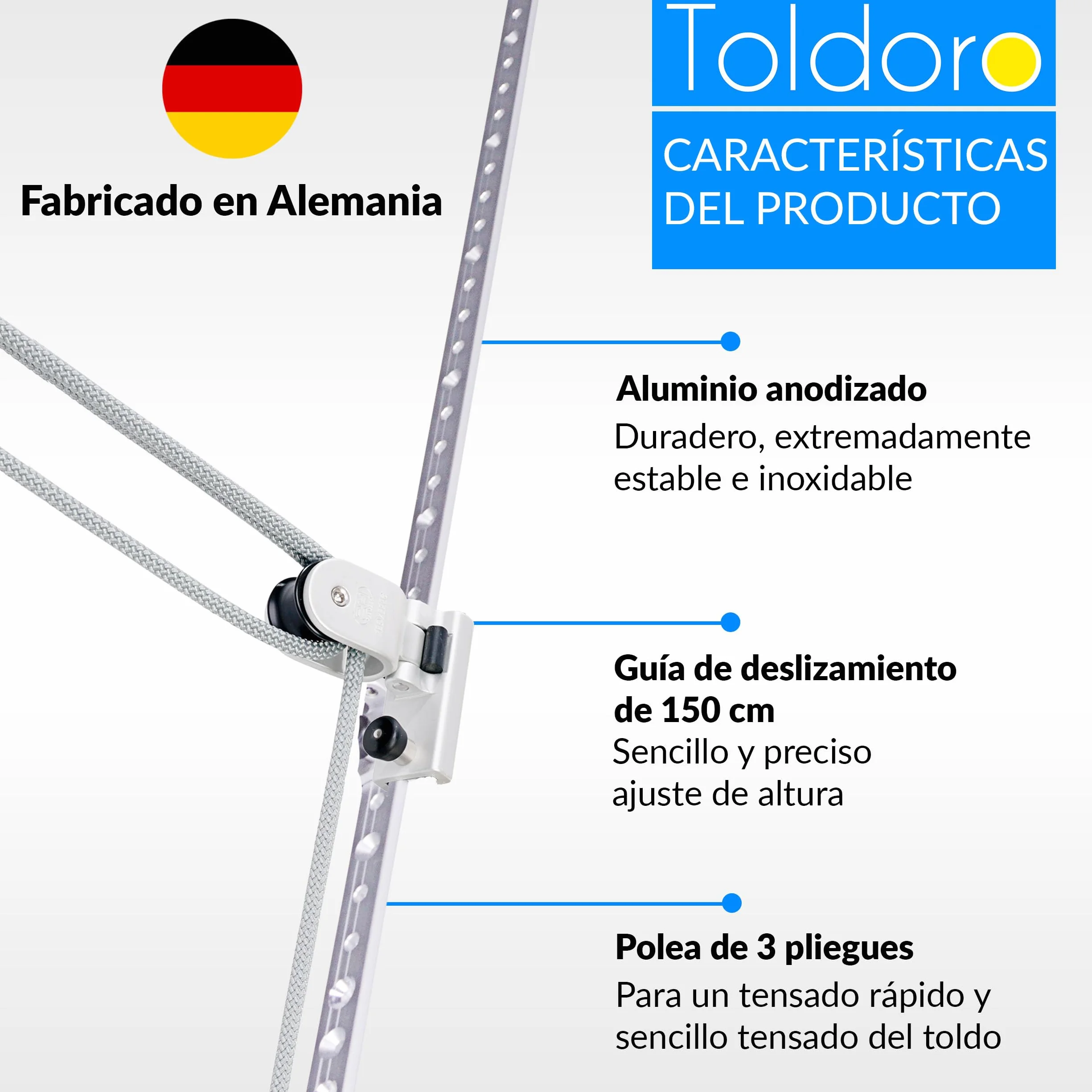 Toldoro® Set de ajuste de altura para toldos para postes, postes y postes de madera/toldo, polea de polea inoxidable y duradero