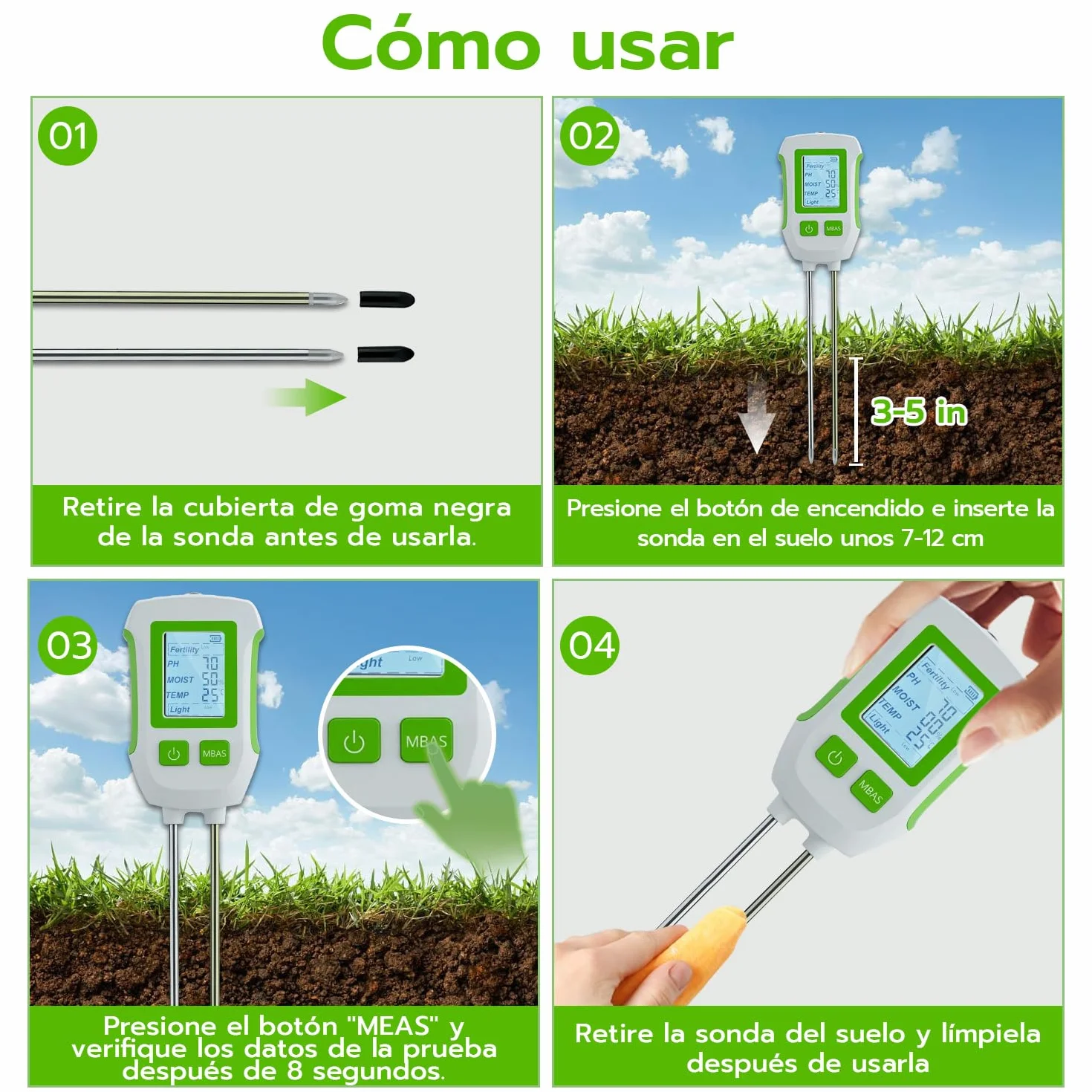 Mcbazel Medidor de Suelo 5 en 1, Analizador de pH, Humedad, Temperatura y Luz con Sonda Dual, Pantalla LCD