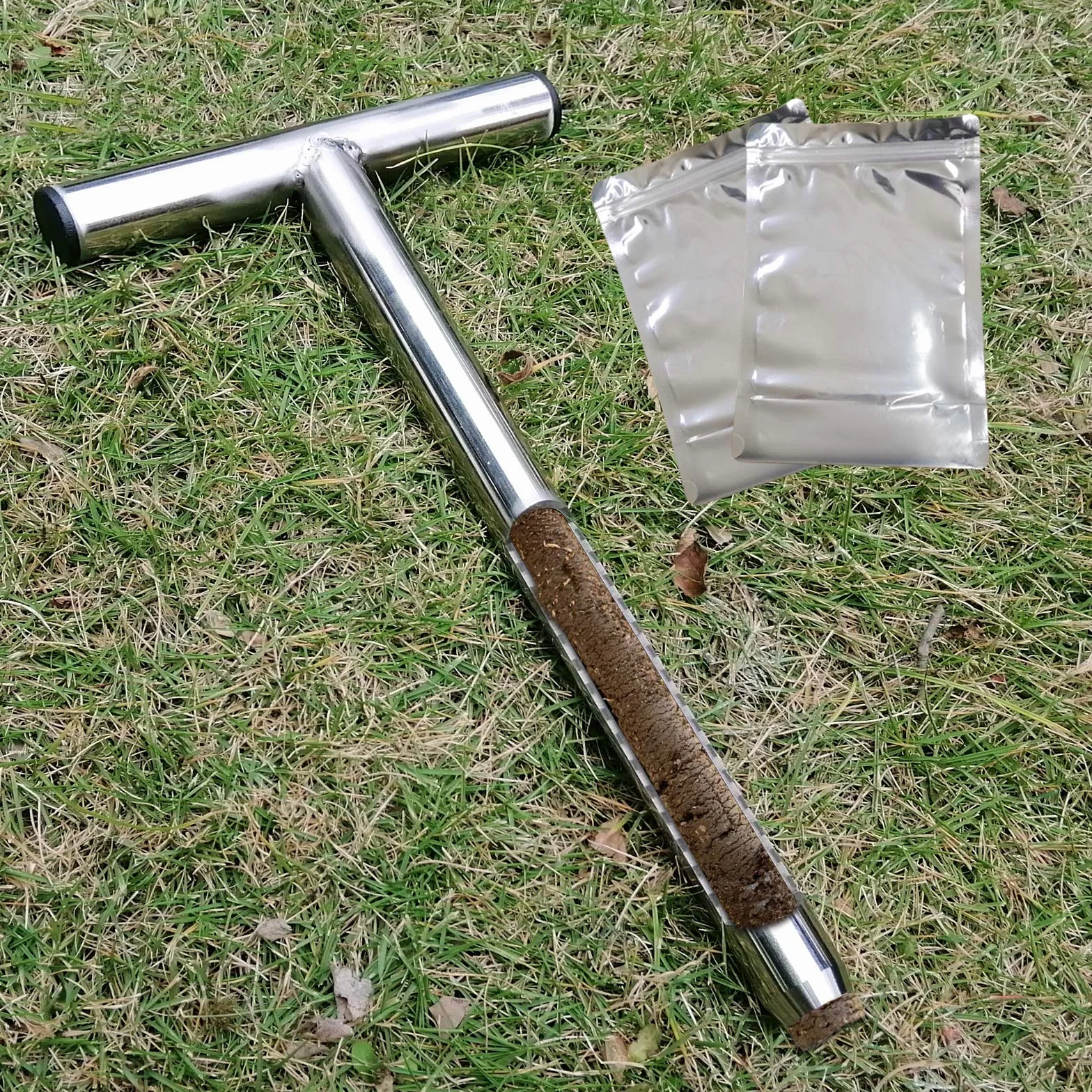 Sonda de muestreo de suelo de 12 pulgadas con 2 bolsas reutilizables, kit de prueba de suelo con mango en T de acero inoxidable