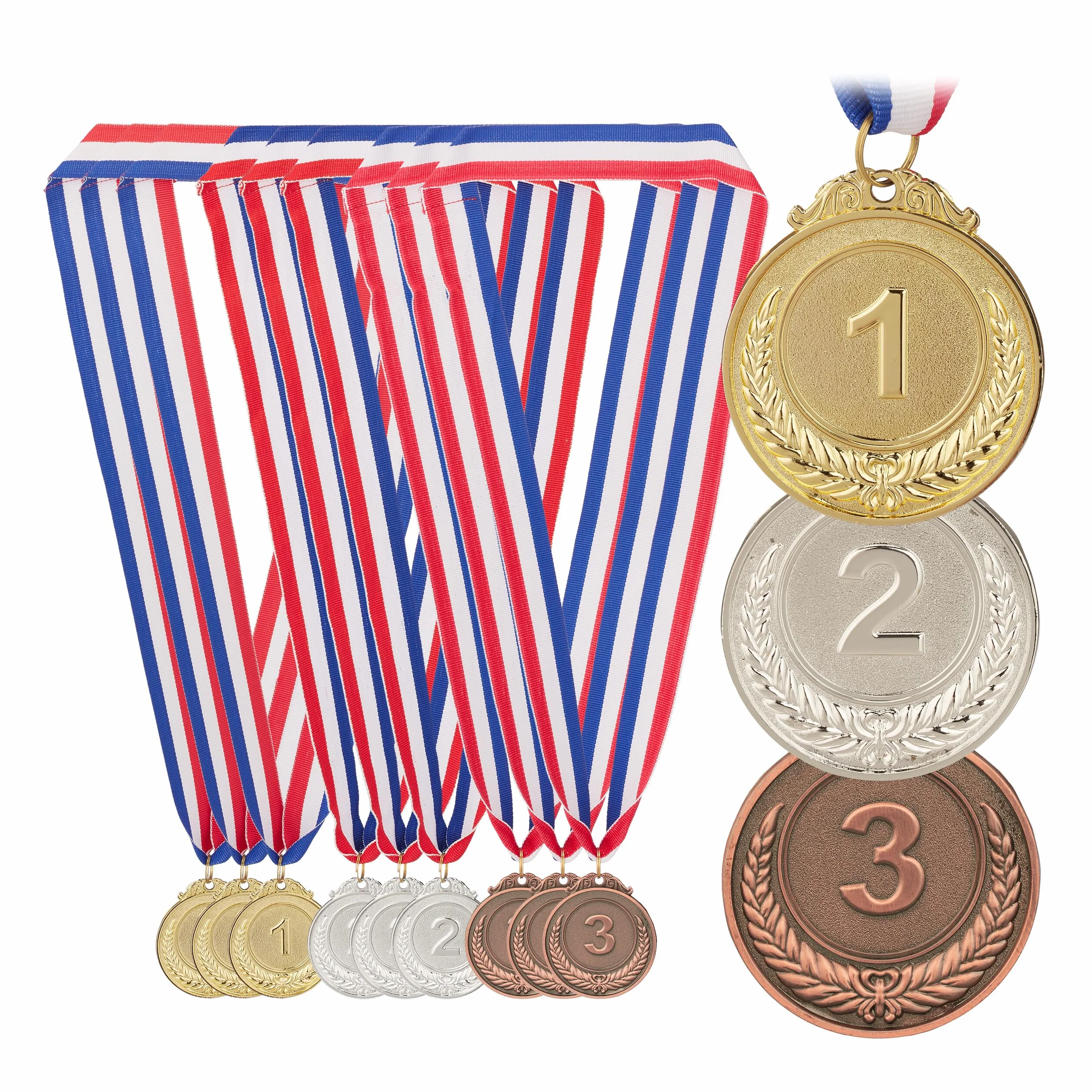 Relaxdays Medallas Infantiles Set 12 Ø 5 cm 1° 2° 3° Lugar Fútbol Premios Metal Dorado Plateado Bronce