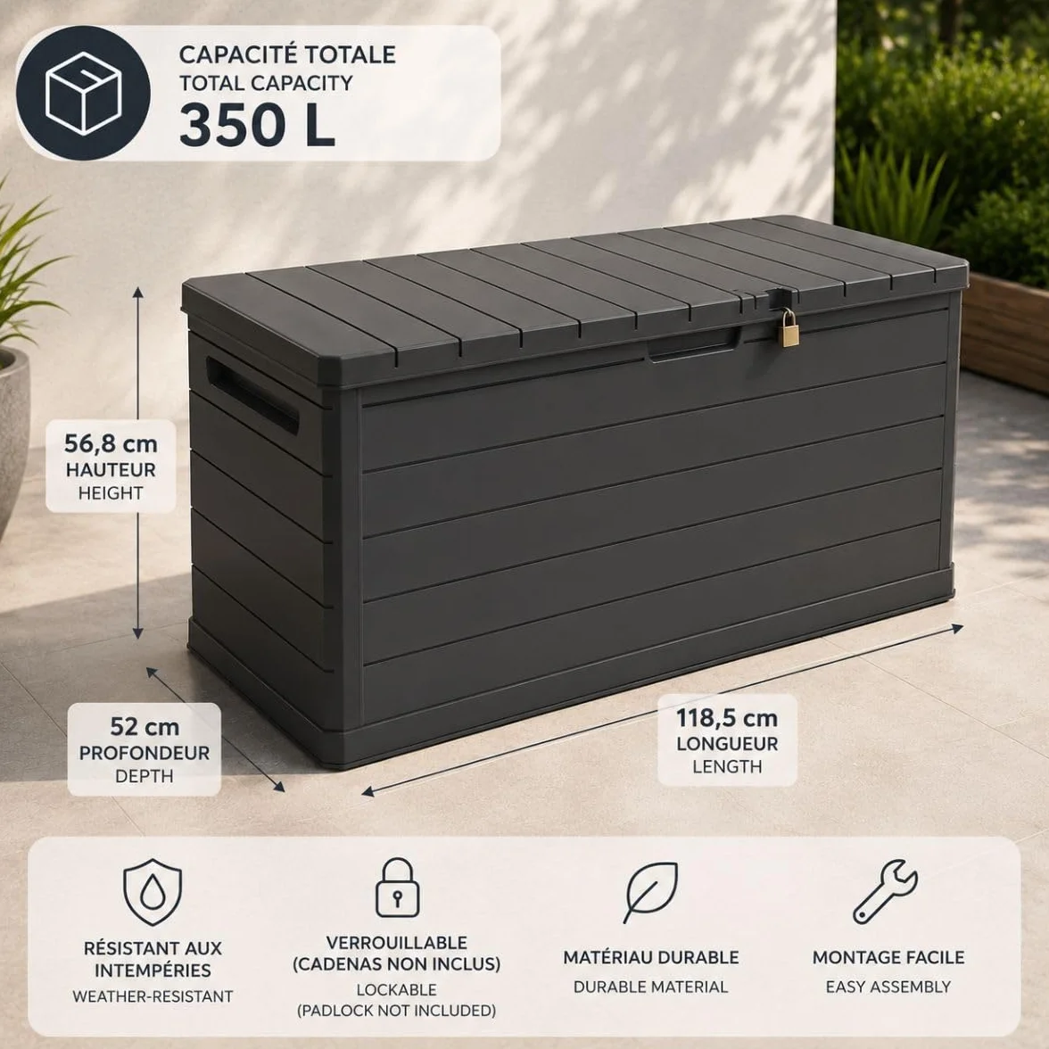 Art Plast Caja de almacenamiento exterior 350 L gris 118,5 x 52 x 57 cm resistente al agua