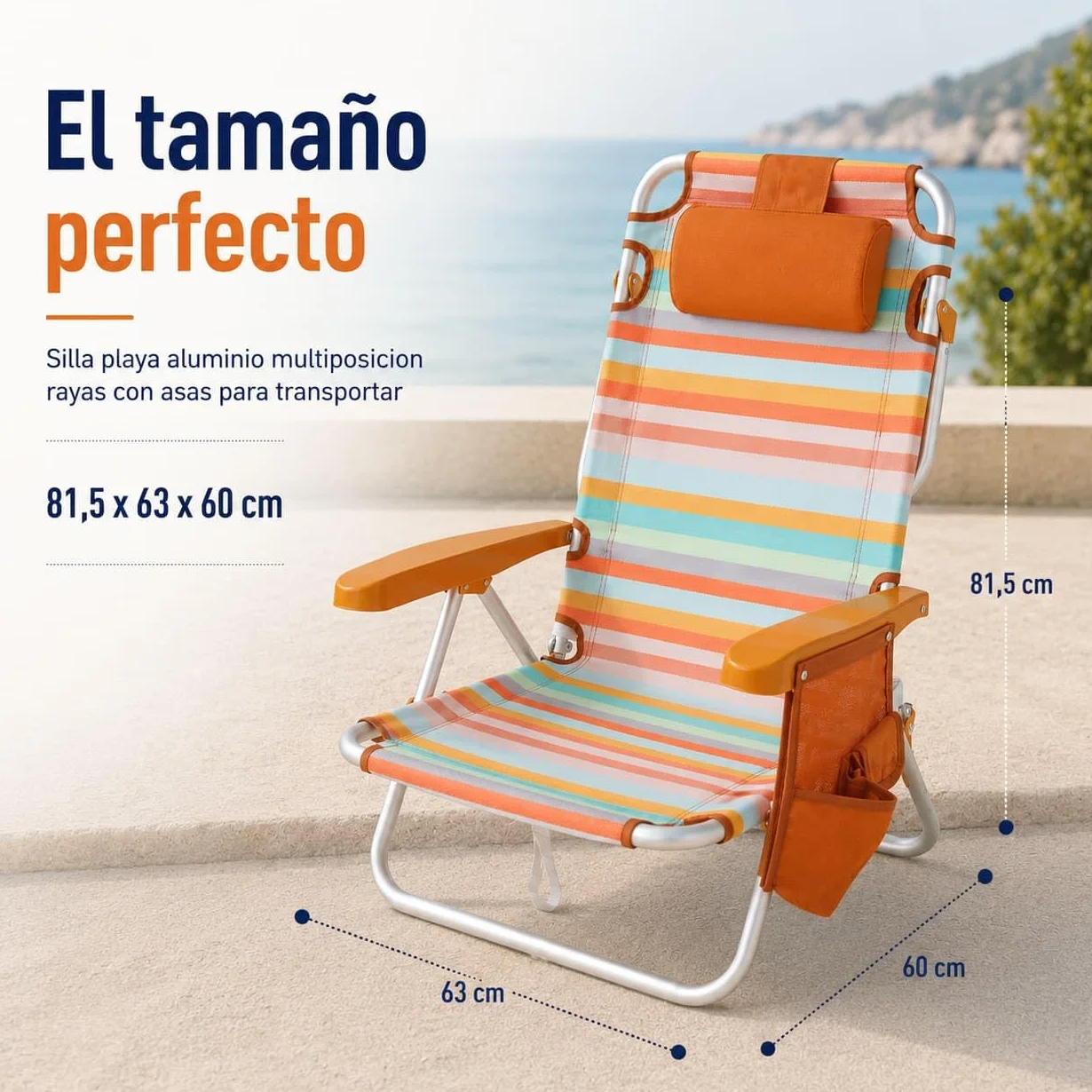 Silla de Playa Plegable Aluminio Reclinable Mochila 22cm Altura Asiento 25cm Reposacabezas Ocre Rayada
