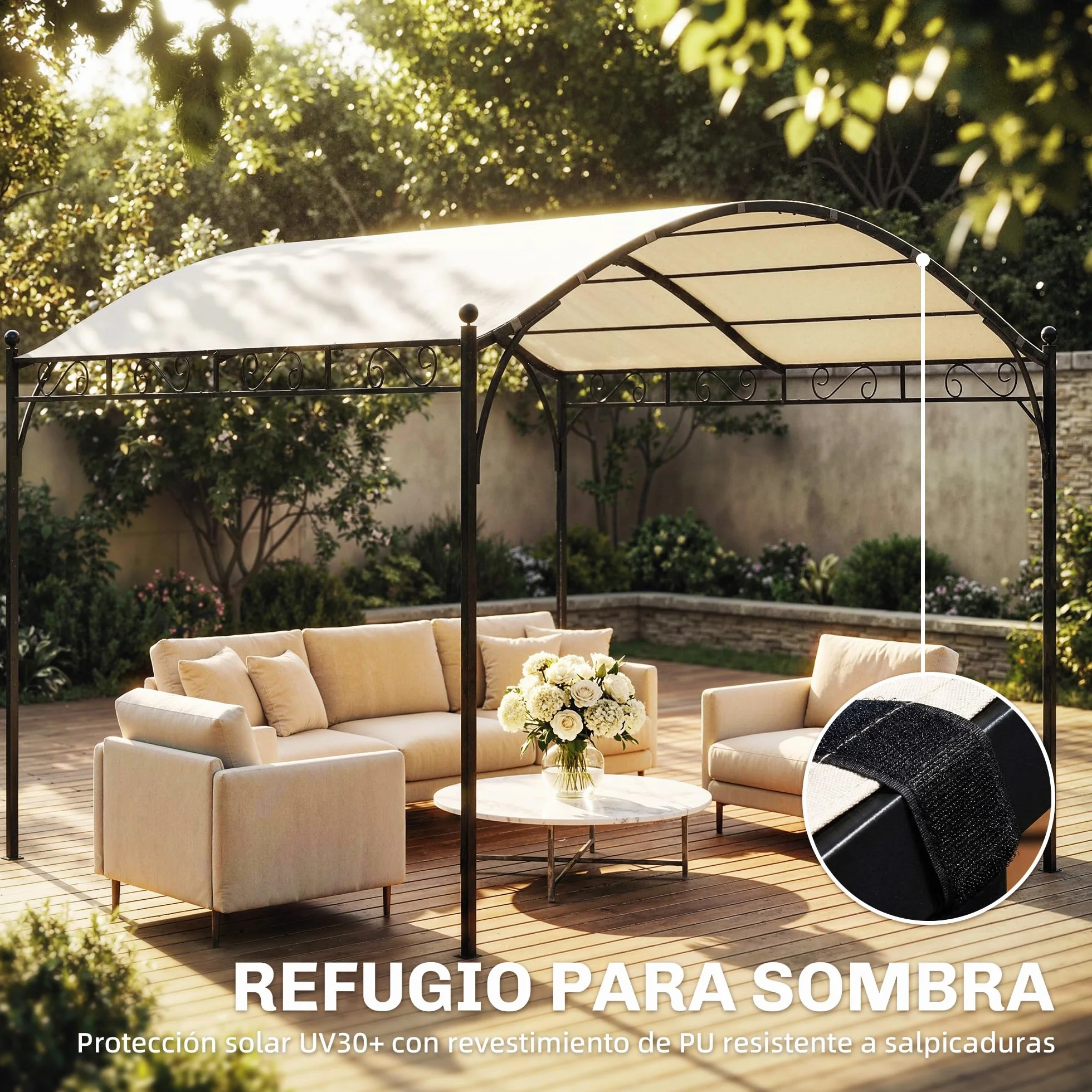 Outsunny Pérgola de Jardín 3x3 m, Cenador con Techo Arqueado, Dosel UV30+, Estructura de Metal Galvanizado, Blanco Crema