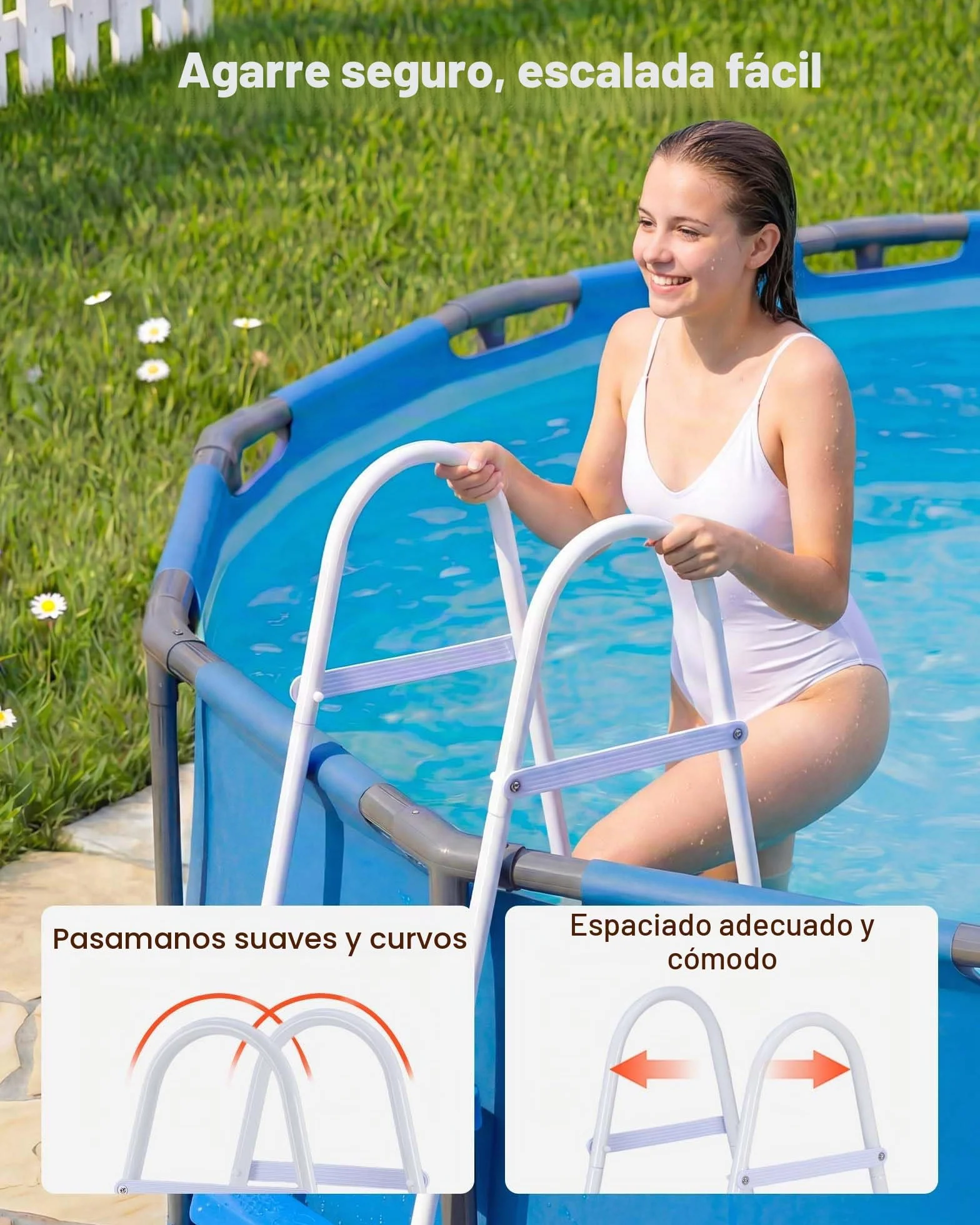 VEVOR Escalera para Piscina Desmontable 3 Peldaños 136 kg Acero al Carbono Antideslizante Pasamanos Ergonómicos
