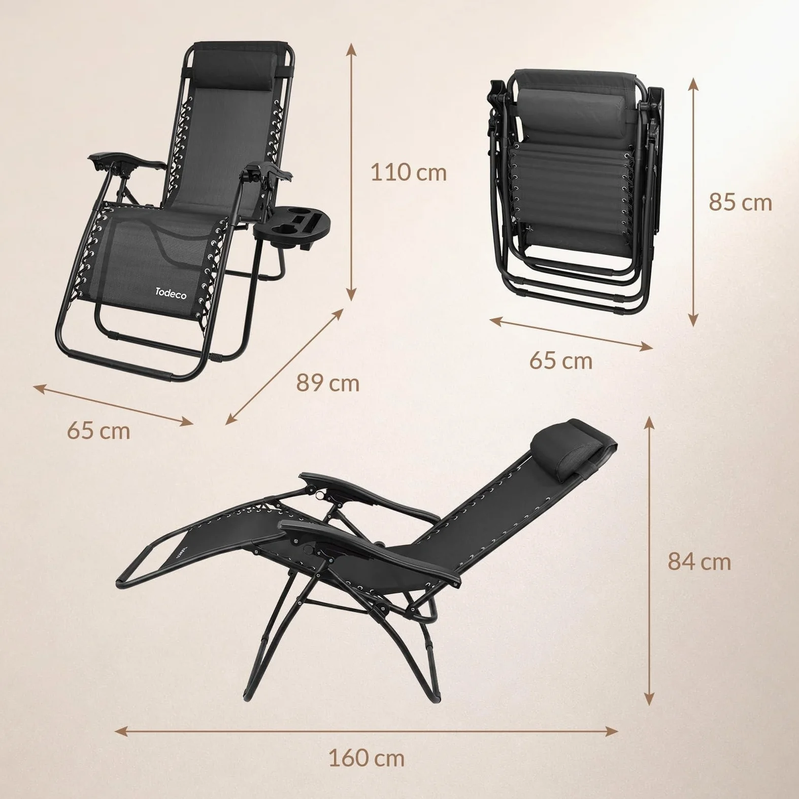 Todeco Tumbona Plegable Jardín con Cojín Extraíble, 2 en 1 Silla Gravedad Cero Reclinable con Portavasos Respaldo Ajustable para Patio, Camping, Terraza y Piscina, Juego de 2 Negro | Cojín Extraíble, Portavasos Respaldo Ajustable, para Patio, Camping, Ter