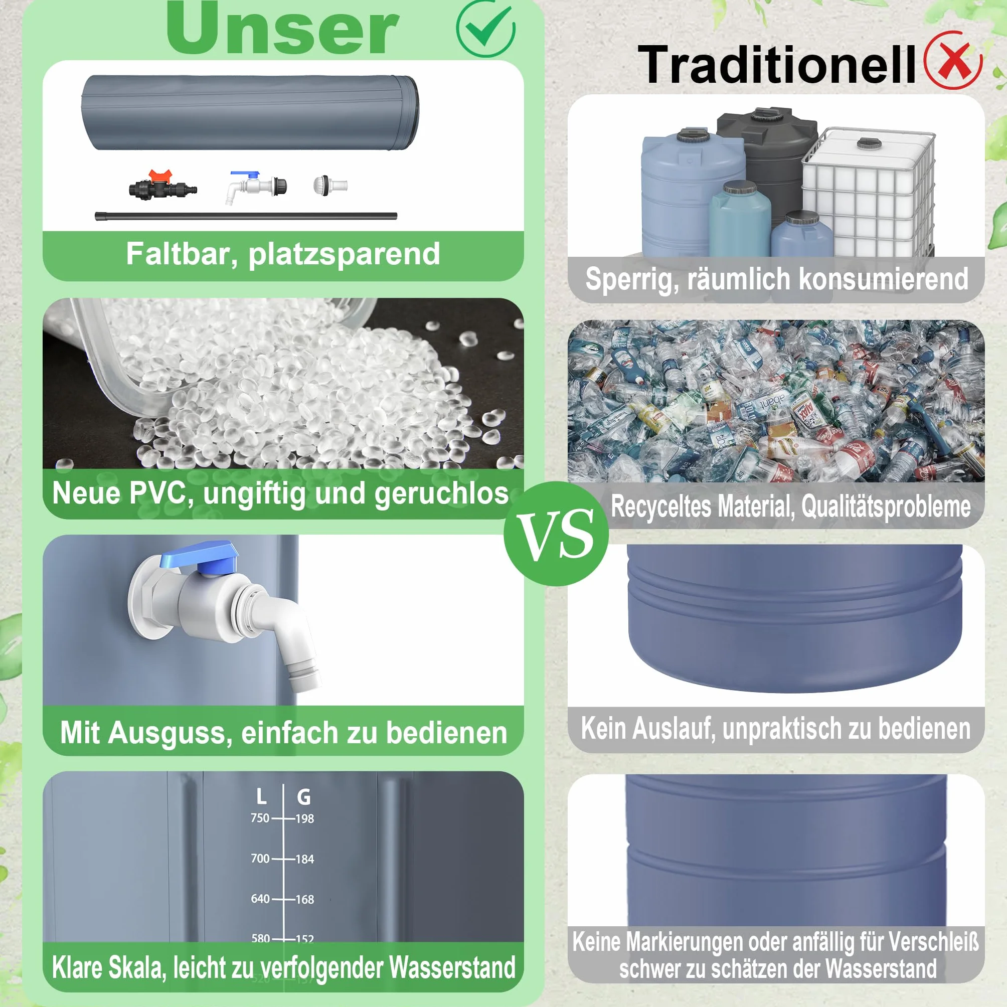 YRHome Depósito de agua de lluvia plegable 200 litros resistente UV intemperie