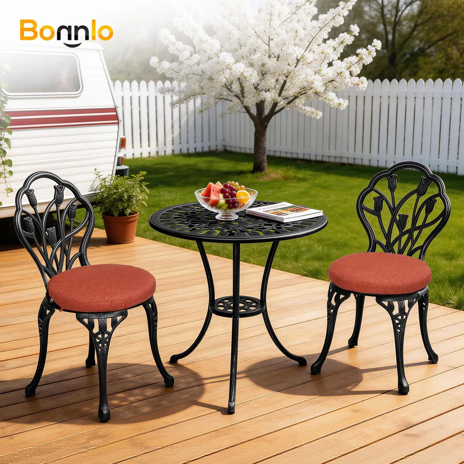 Bonnlo Juego Muebles de Jardín 3 Piezas Aluminio Fundido Mesa Redonda 2 Sillas Exterior Terraza Negro