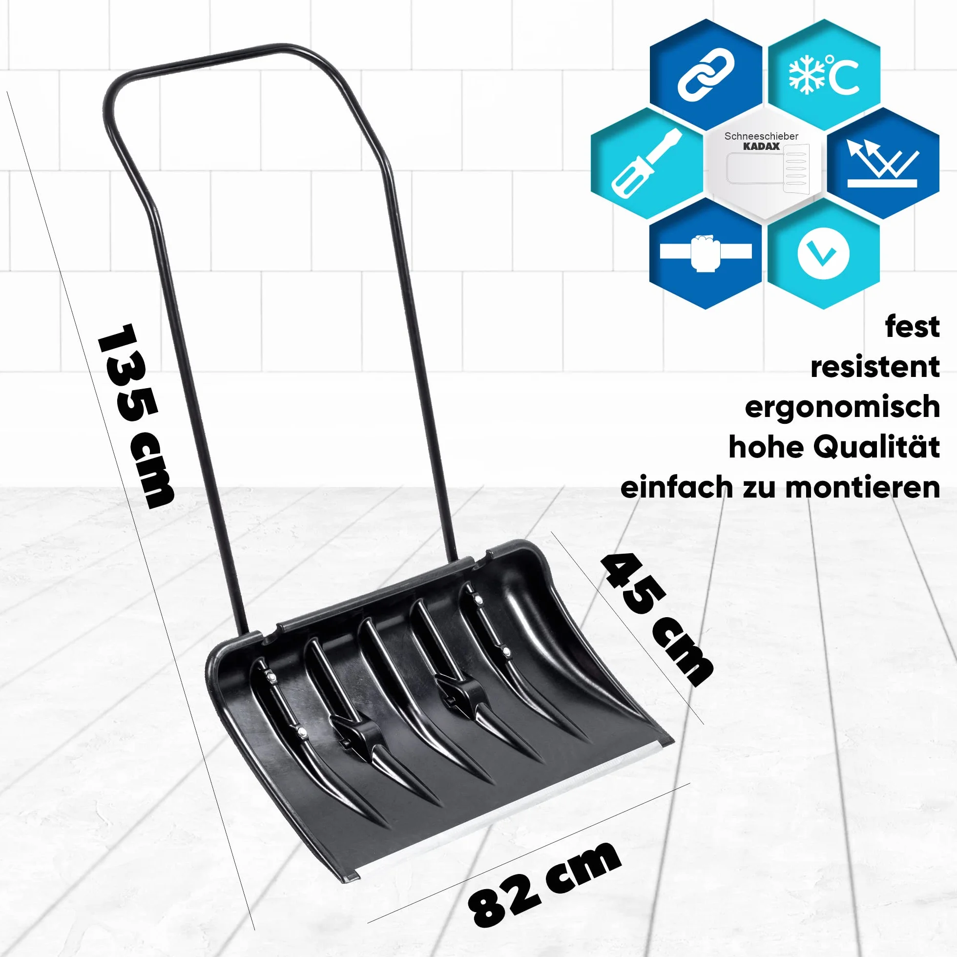 KADAX Pala quitanieves con borde de perfil de aluminio, ruedas, mango de metal, hoja de plástico, negro