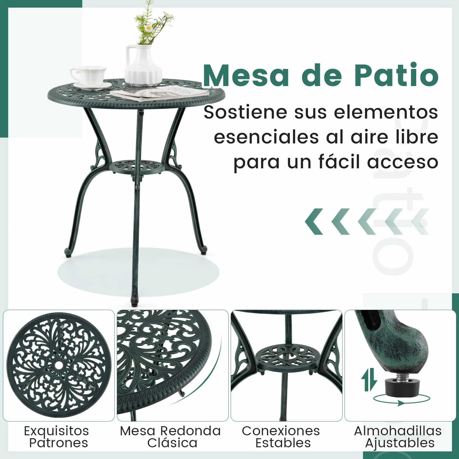 COSTWAY Conjunto Jardin Exterior 3 Piezas Sillas Mesa Aluminio Fundido Agujeros Sombrilla