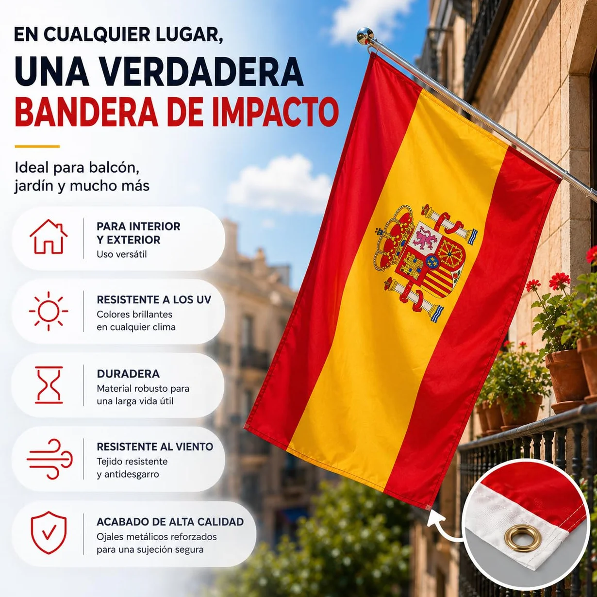 Bandera de España Copa del Mundo 2026 90 x 150 cm poliéster resistente ojales metálicos