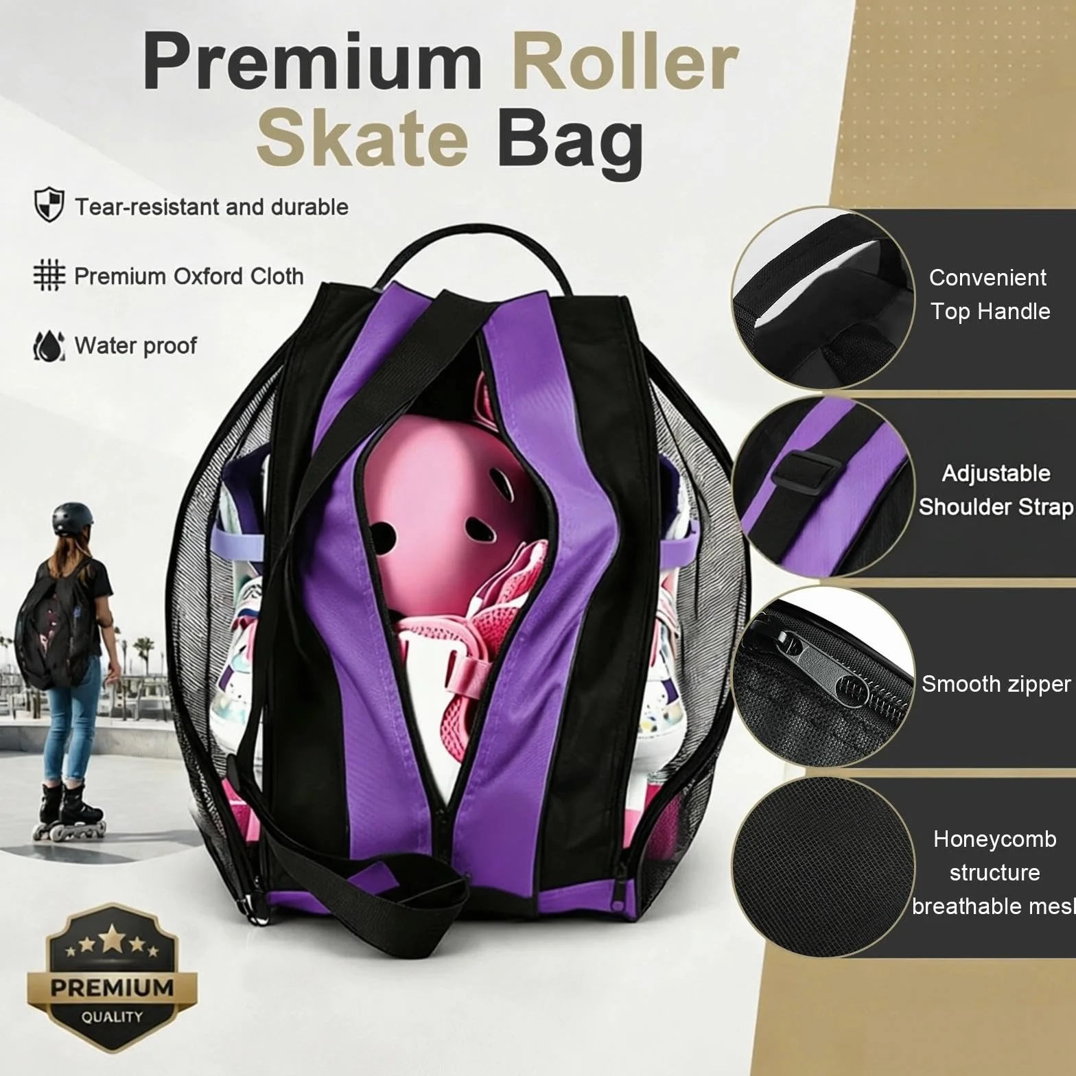 Bolsa para Patines de Tela Oxford Resistente, Mochila con 3 Compartimentos y Correa Ajustable