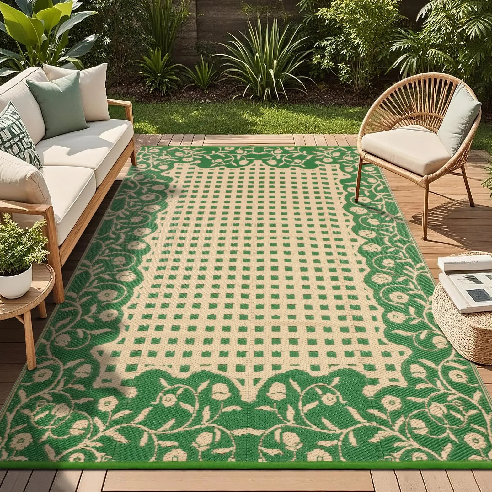 Alfombra de jardín impermeable 150 x 245 cm, reversible, plegable, plástico reciclado, resistente