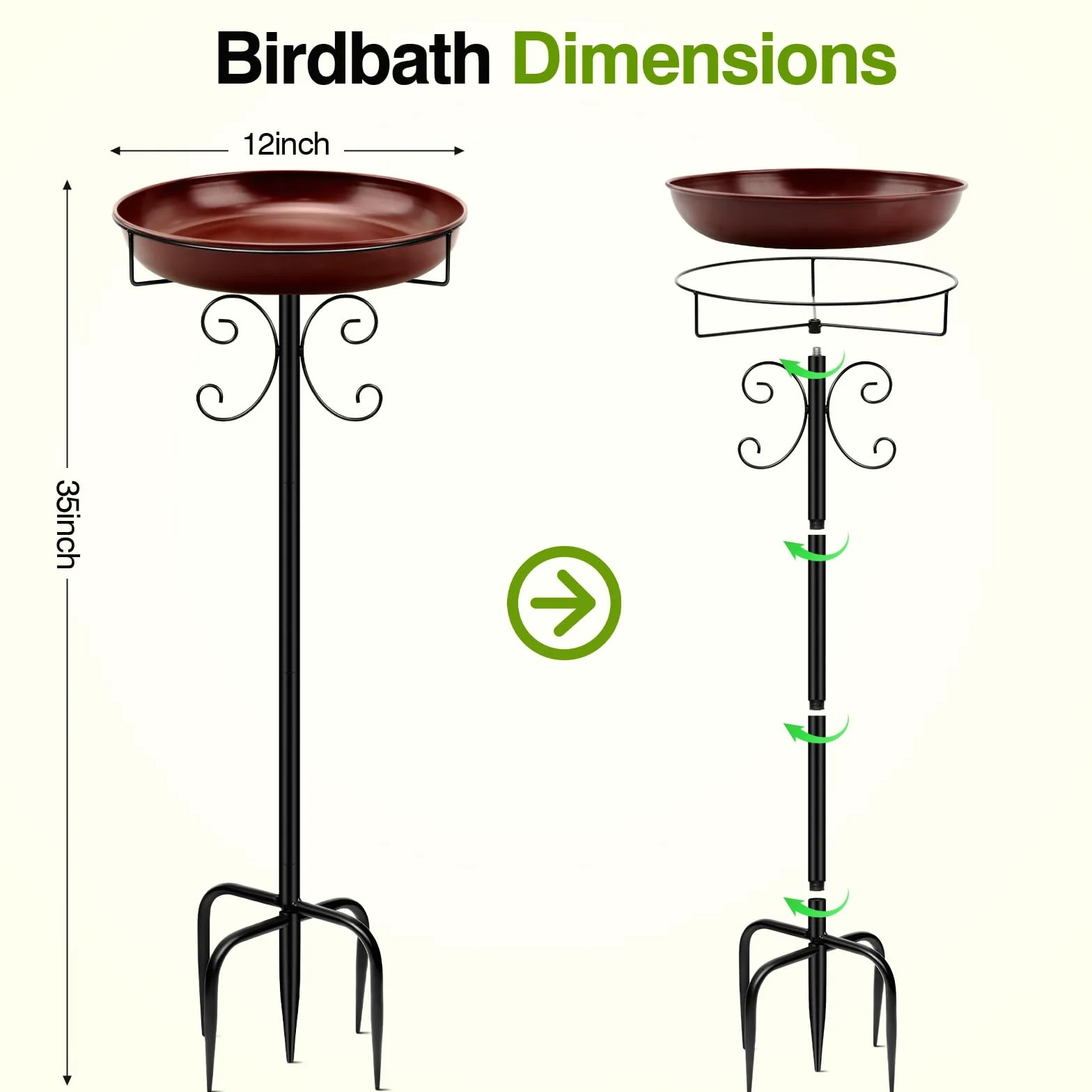 Bebedero para pájaros de pie, baño exterior jardín 35 pulgadas cuenco metal marrón