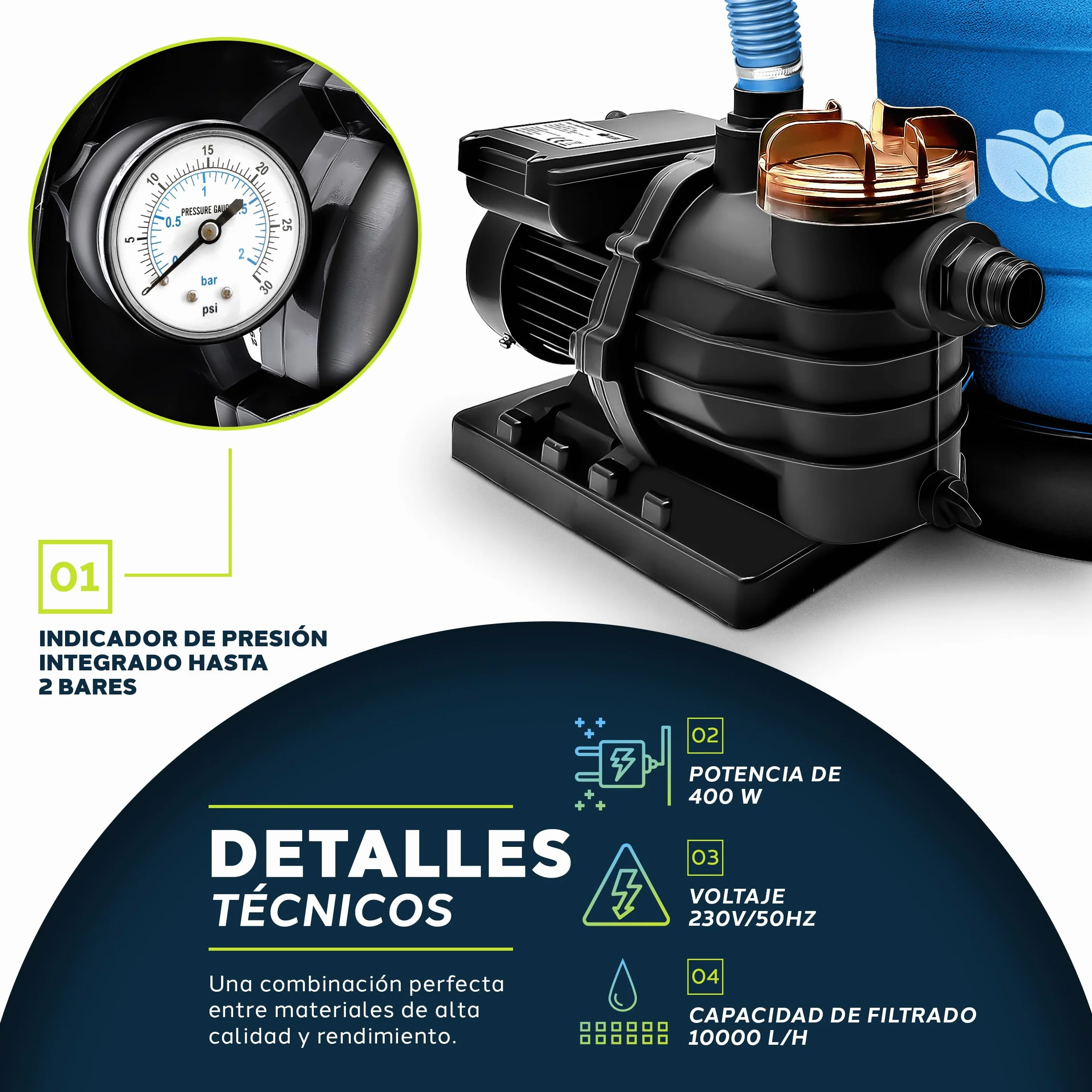 Tillvex Depuradora de Agua para Piscina 10 m³/h Bomba de Filtro de Arena con Válvula Azul