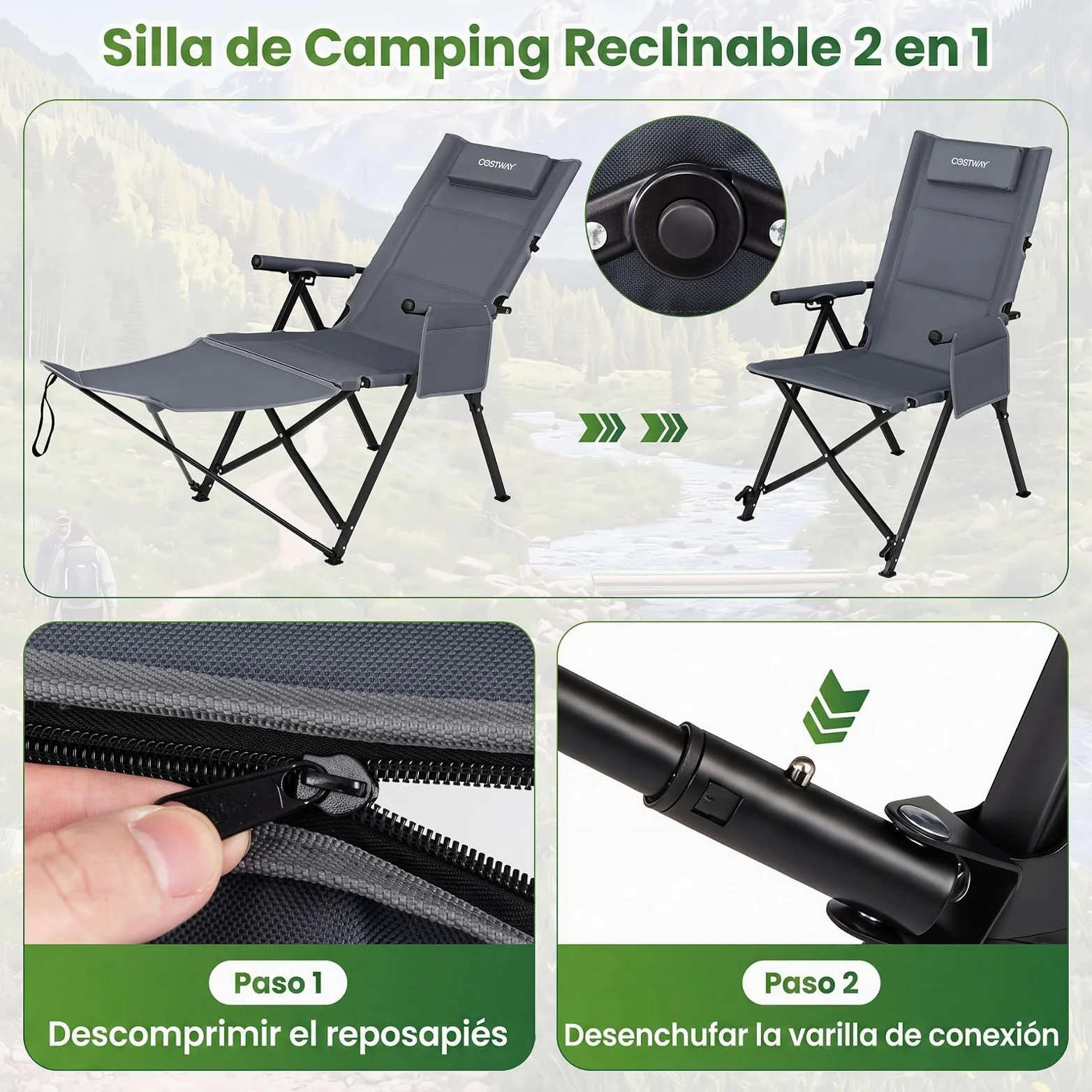 COSTWAY Silla Plegable Camping con Reposapiés Desmontable (Gris) | Tumbona Reclinable con Respaldo Ajustable de 4 Niveles, Reposacabezas, Bolsillo Lateral, Bolsa de Transporte, Jardin Playa Pi