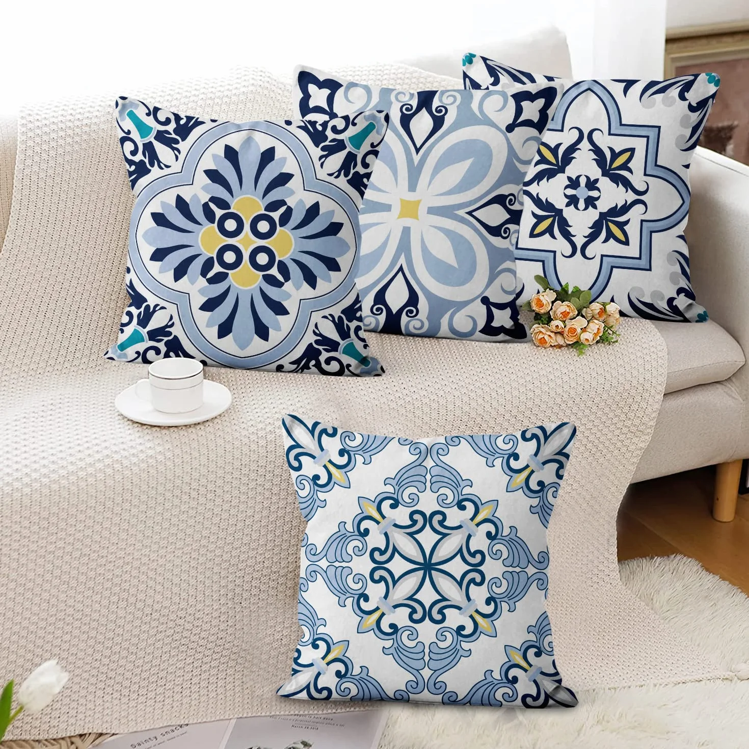 Funda de cojín Boho 50x50 Juego de 4, Azul y Amarillo Retro Geométrico Mandala Floral, Lino para Sofá Cama Exterior