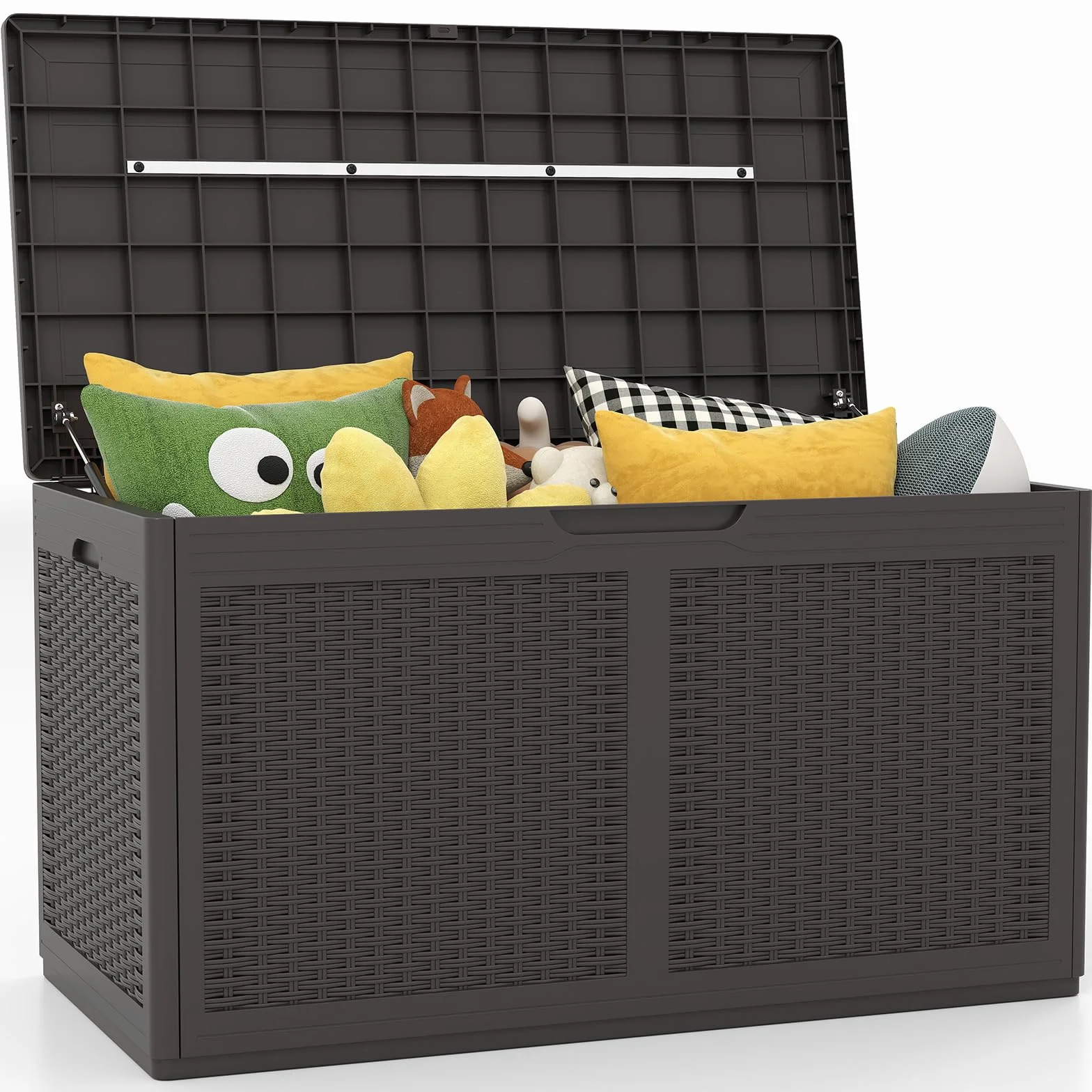 GOPLUS Baúl Almacenaje Exterior 380 L, Arcón Resina Impermeable con Cerradura, 111 x 56 x 61 cm Marrón