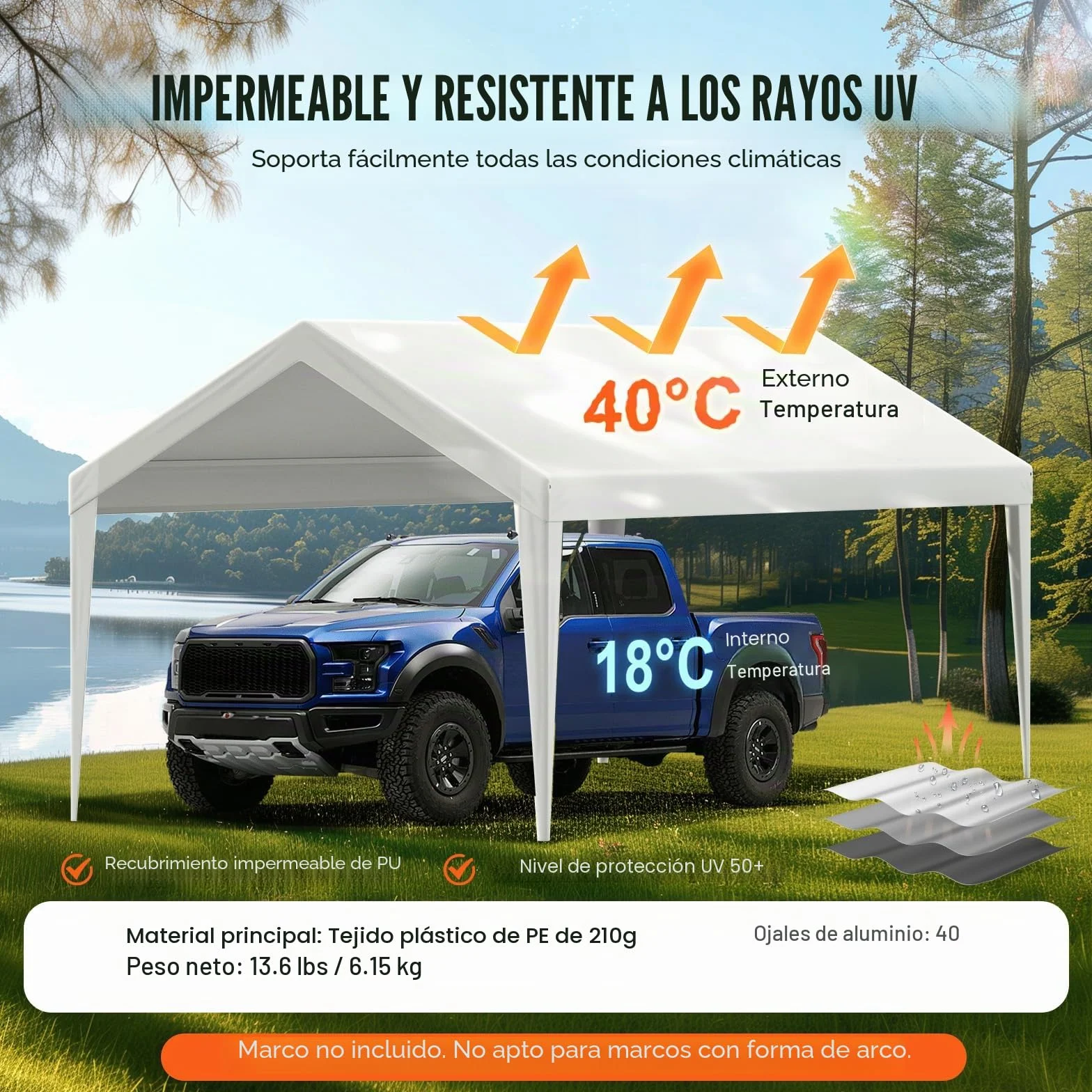 VEVOR Cubierta de Repuesto para Toldo de Cochera 6100 x 3040 x 850 mm, Resistente al Agua y Protección UV, Blanco