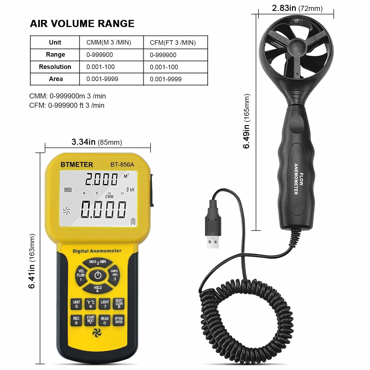 BTMETER Anemómetro BT-856A Pro CFM Medidor Velocidad Viento Flujo Aire HVAC USB