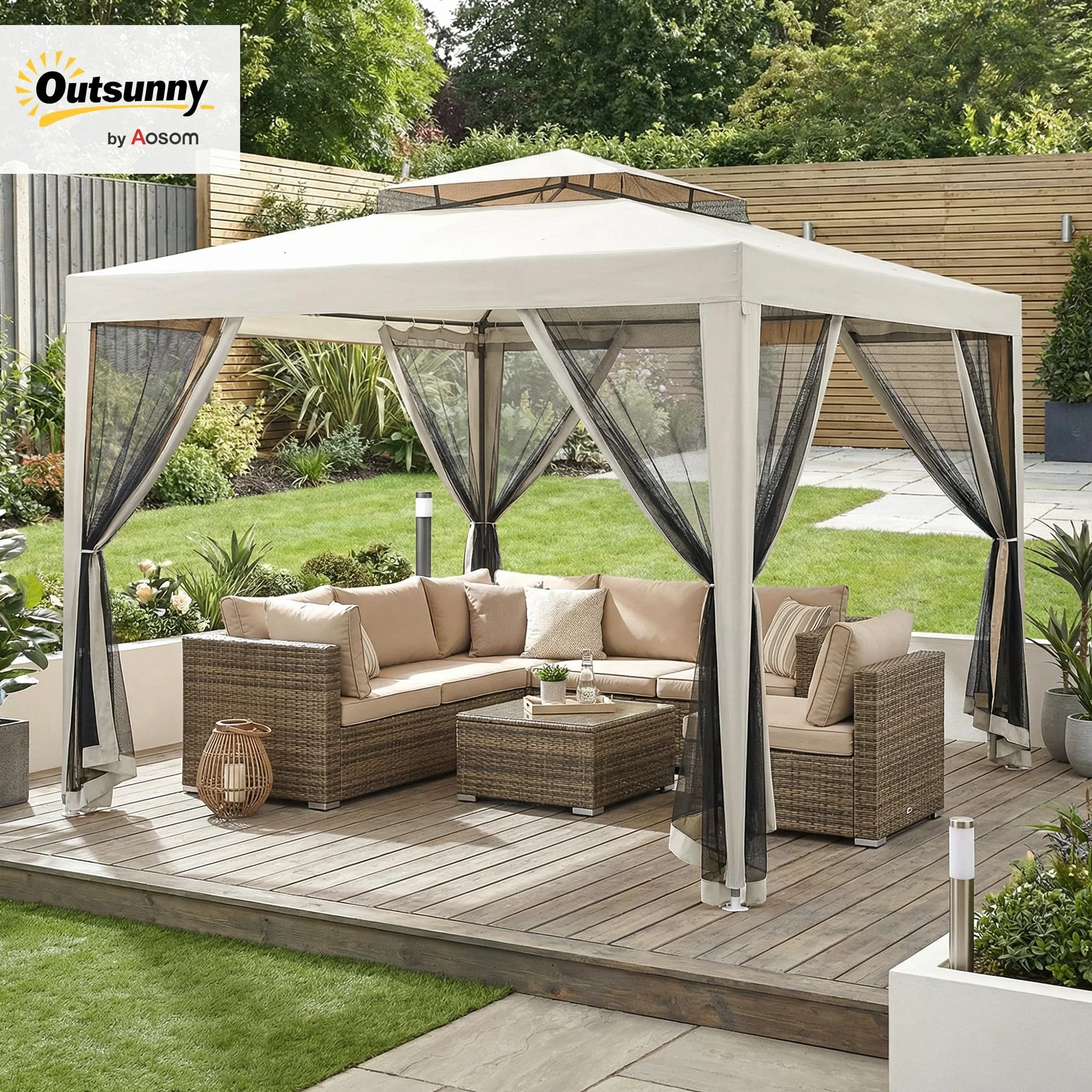 Outsunny Carpa de Jardín 3x3 m Cenador Desmontable de Exterior Gazebo con 4 Mosquiteras Laterales Techo Doble y Marco Metálico Anti-UV Impermeable Pabellón para Terraza Patio Crema