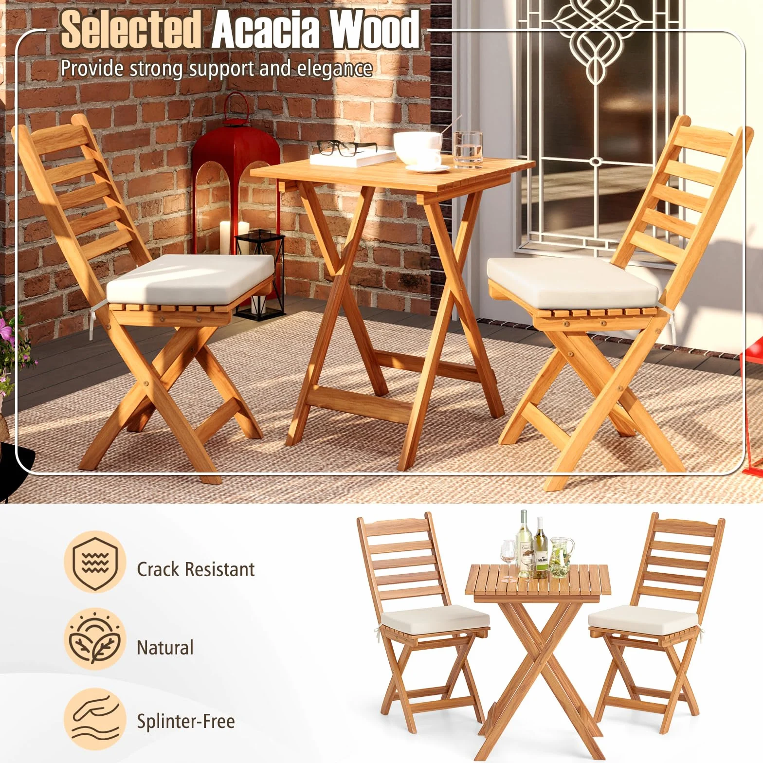KOMFOTTEU Juego de Bistro 3 Piezas Plegables, Mesa y 2 Sillas de Madera de Acacia para Jardín