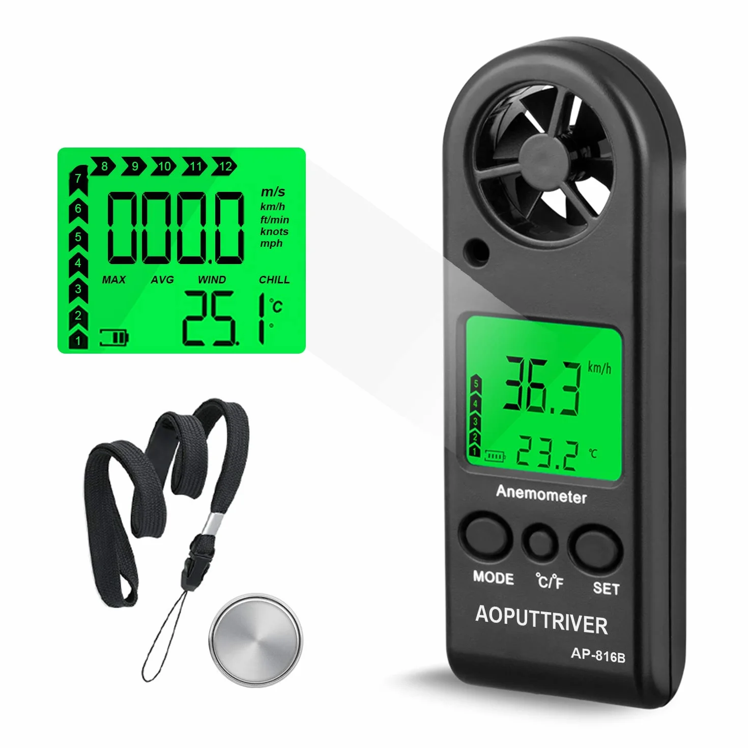 Anemometro Digital AP-816B Medidor de Velocidad Viento LCD con Luz de Fondo
