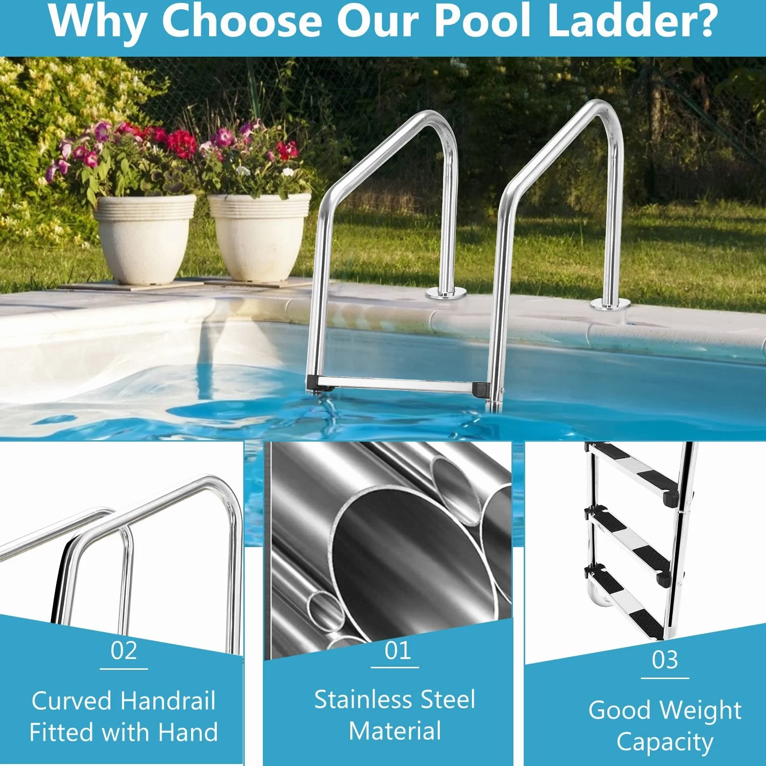 LIFEZEAL Escalera de Piscina 3 Peldaños Acero Inoxidable 304 Forma U Antideslizante Pasamanos Curvo