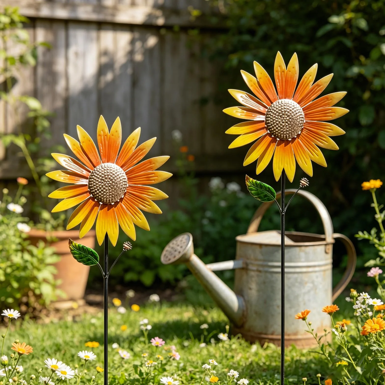 Molino de Viento de Girasol, 2 Piezas, Metal, Adornos de Jardín, Estacas Decorativas